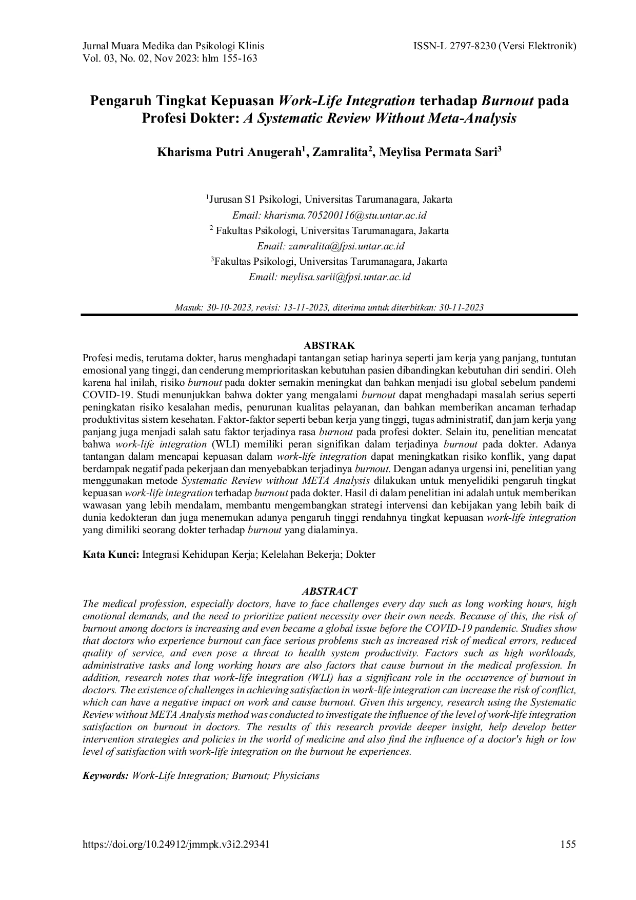 JURIS Pengaruh Tingkat Kepuasan Work Life Integration terhadap Burnout pada Profesi Dokter A Systematic Review Without Meta Analysis