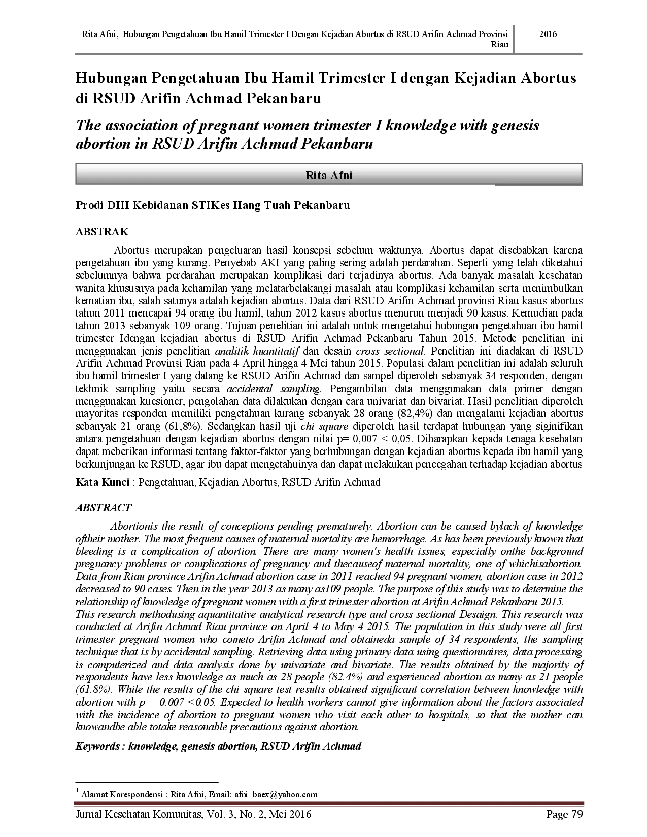 juris Hubungan Pengetahuan Ibu Hamil Trimester I Dengan Kejadian Abortus Di Rsud Arifin Achmad Provinsi Riau