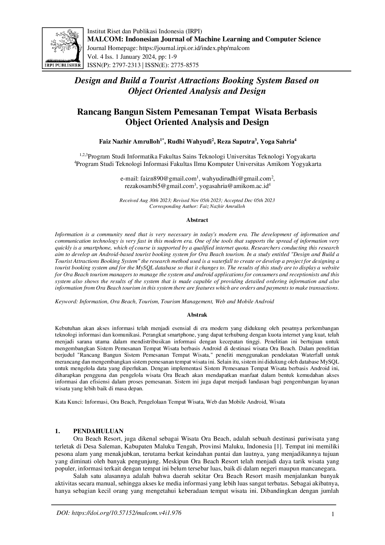 juris Rancang Bangun Sistem Pemesanan Tempat Wisata Berbasis Object Oriented Analysis and Design