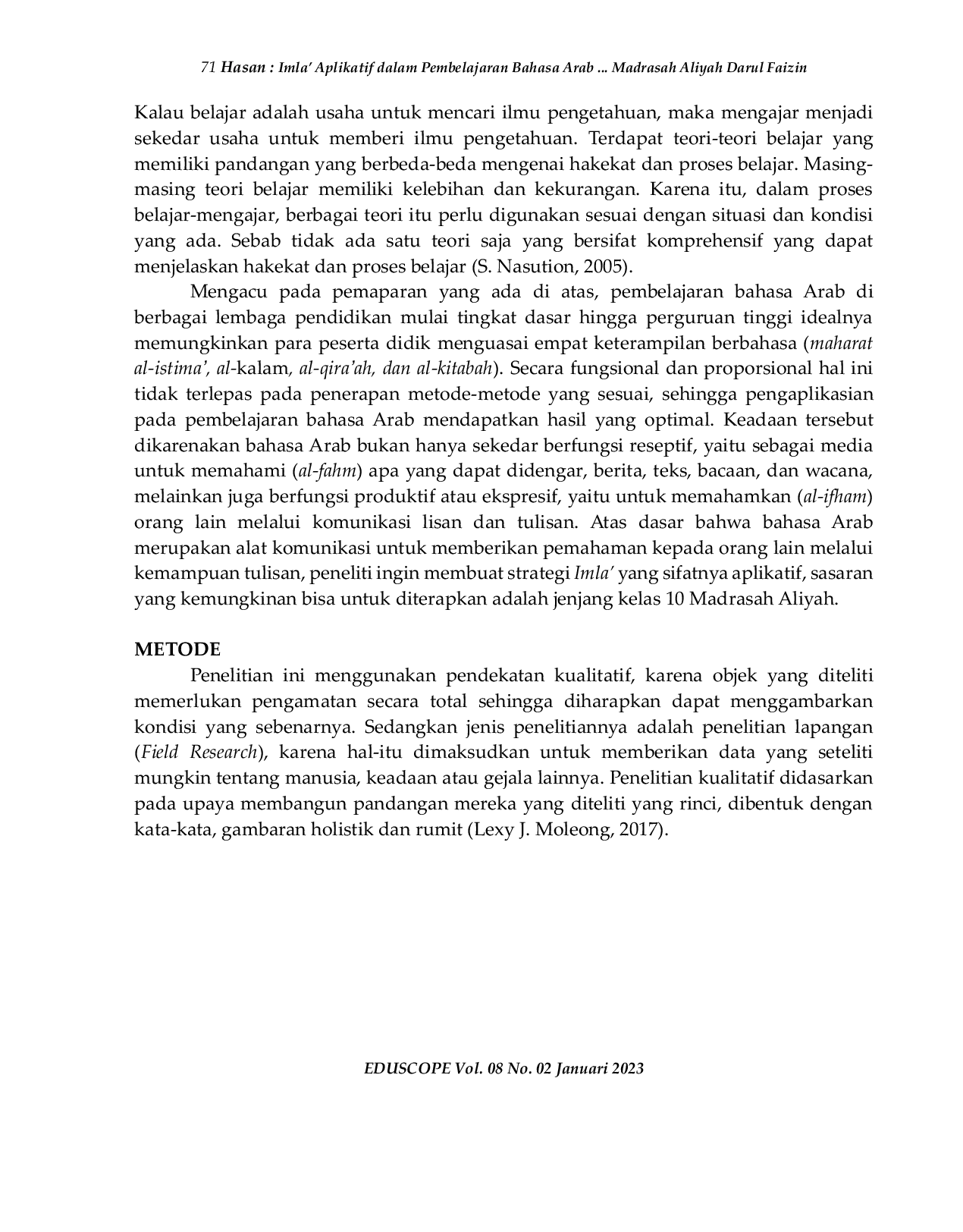 JURIS Imla Aplikatif dalam Pembelajaran Bahasa Arab di Kelas 10 Madrasah Aliyah Darul Faizin