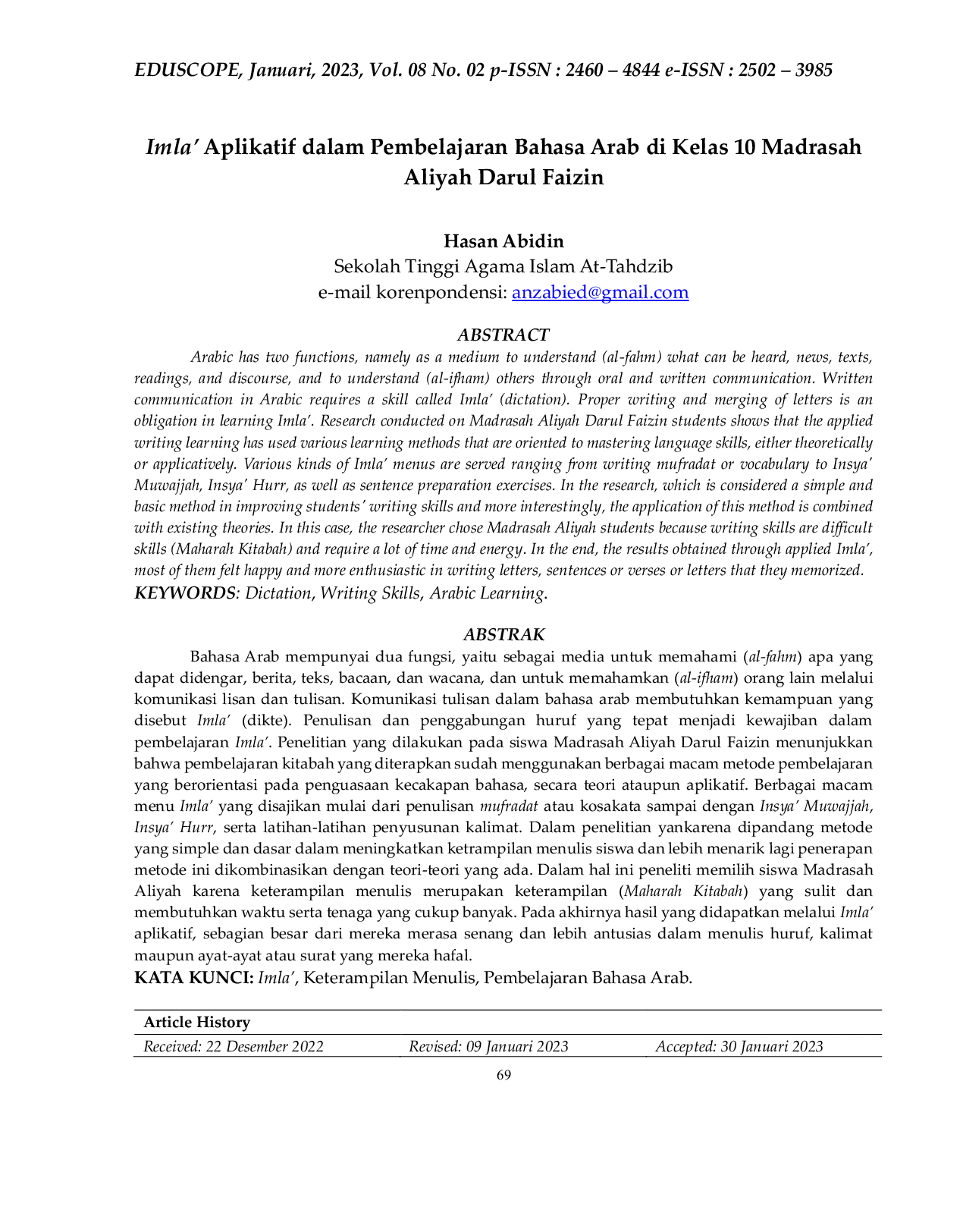 JURIS Imla Aplikatif dalam Pembelajaran Bahasa Arab di Kelas 10 Madrasah Aliyah Darul Faizin