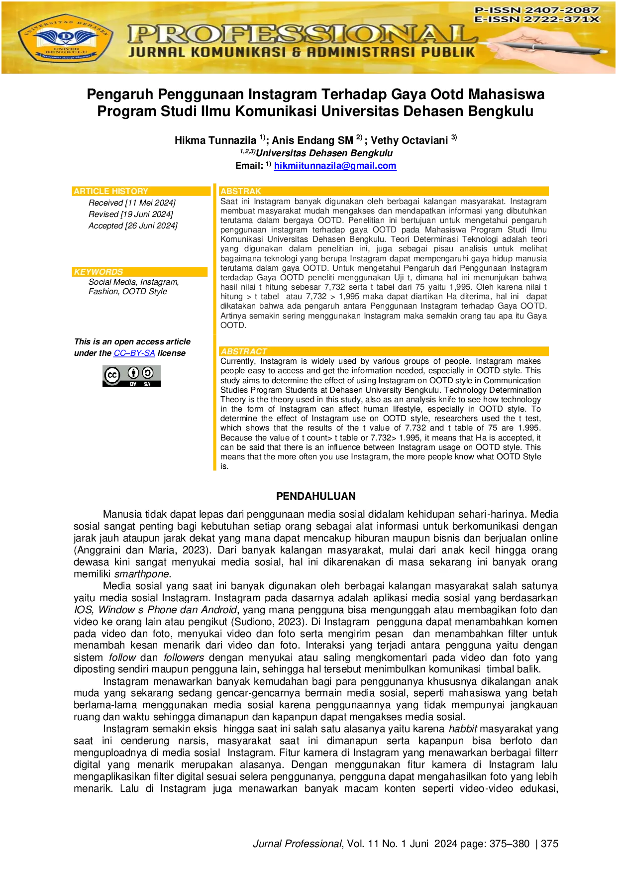 JURIS Pengaruh Penggunaan Instagram Terhadap Gaya Ootd Mahasiswa Program Studi Ilmu Komunikasi Universitas Dehasen Bengkulu
