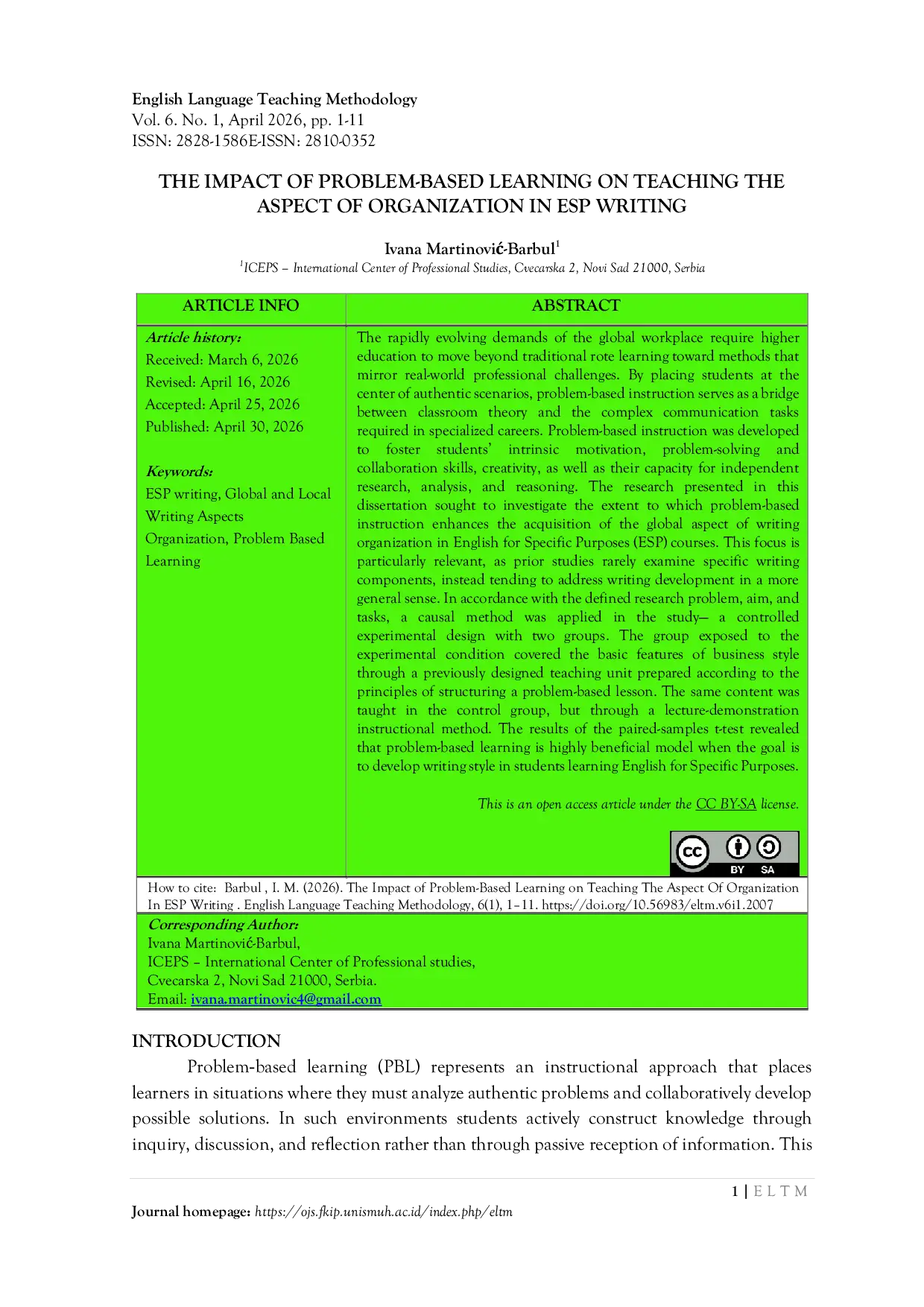 JURIS The Impact of Problem Based Learning on Teaching the Aspect of Organization in ESP Writing