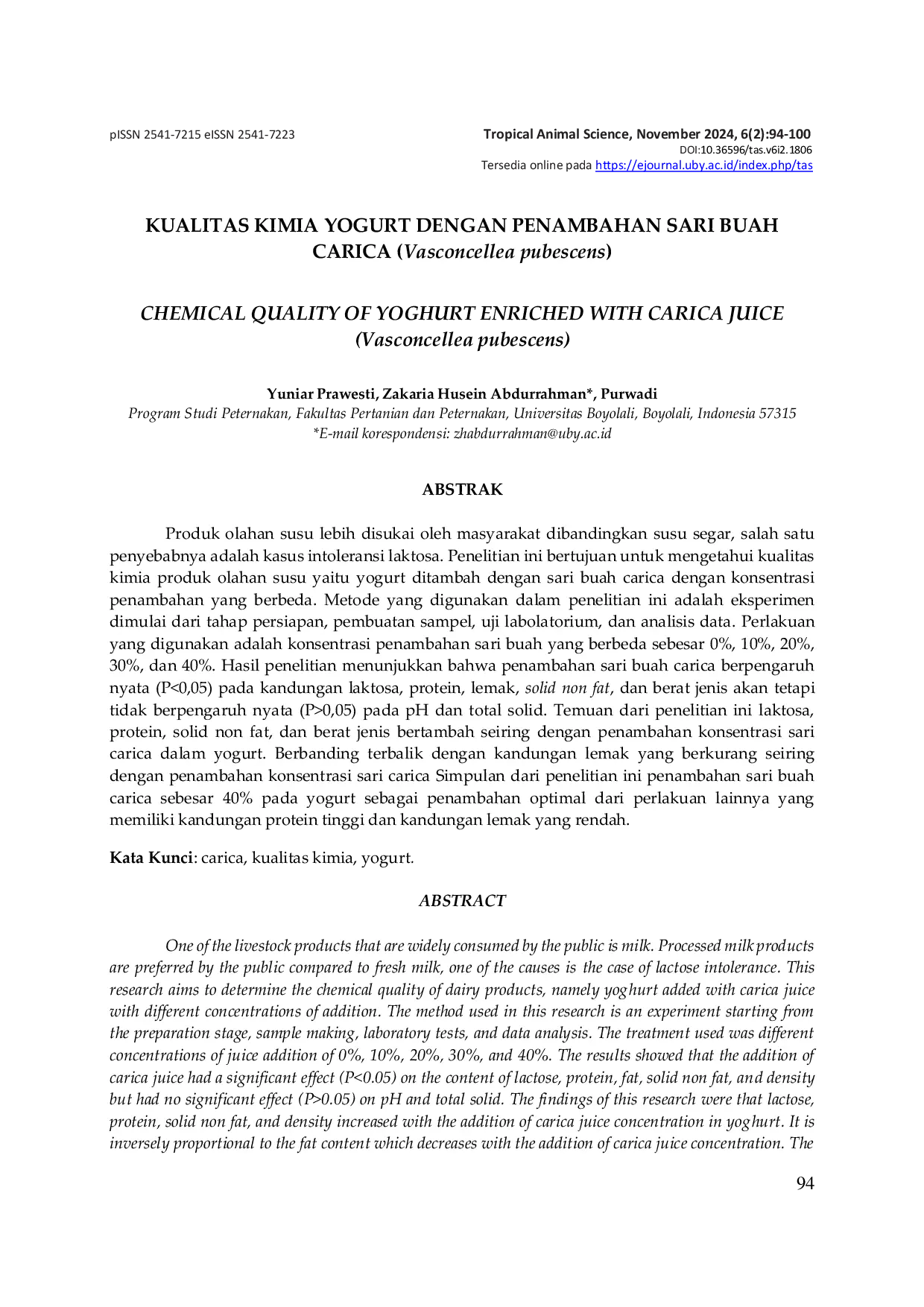 JURIS KUALITAS KIMIA YOGURT DENGAN PENAMBAHAN SARI BUAH CARICA Vasconcellea pubescens