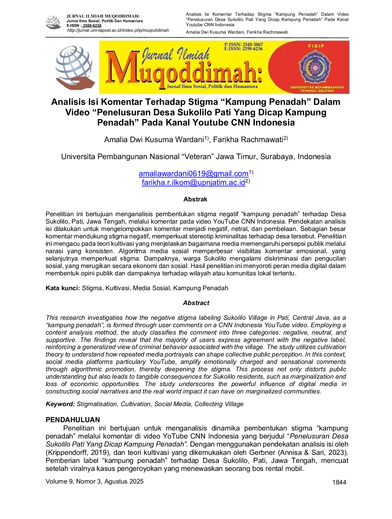 JURIS Analisis Isi Komentar Terhadap Stigma Kampung Penadah Dalam Video Penelusuran Desa Sukolilo Pati Yang Dicap Kampung Penadah Pada Kanal Youtube CNN Indonesia