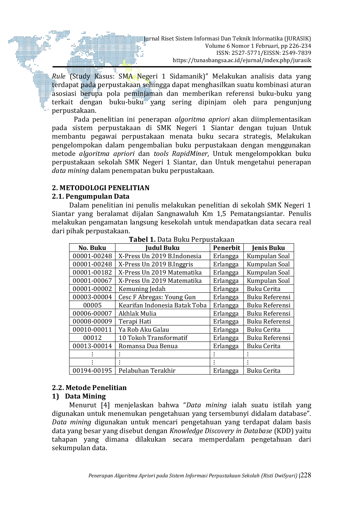 JURIS Penerapan Algoritma Apriori pada Sistem Informasi Perpustakaan Sekolah SMK Negeri 1 Siantar