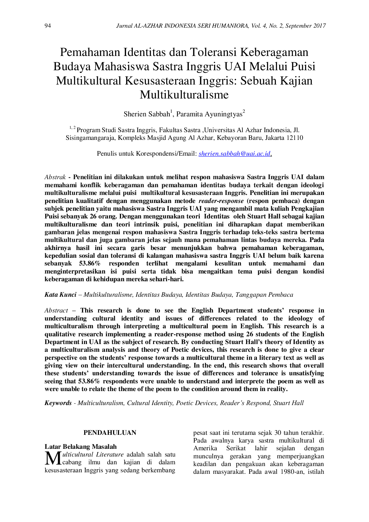 JURIS Pemahaman Identitas dan Toleransi Keberagaman Budaya Mahasiswa Sastra Inggris UAI Melalui Puisi Multikultural Kesusasteraan Inggris Sebuah Kajian Multikulturalisme