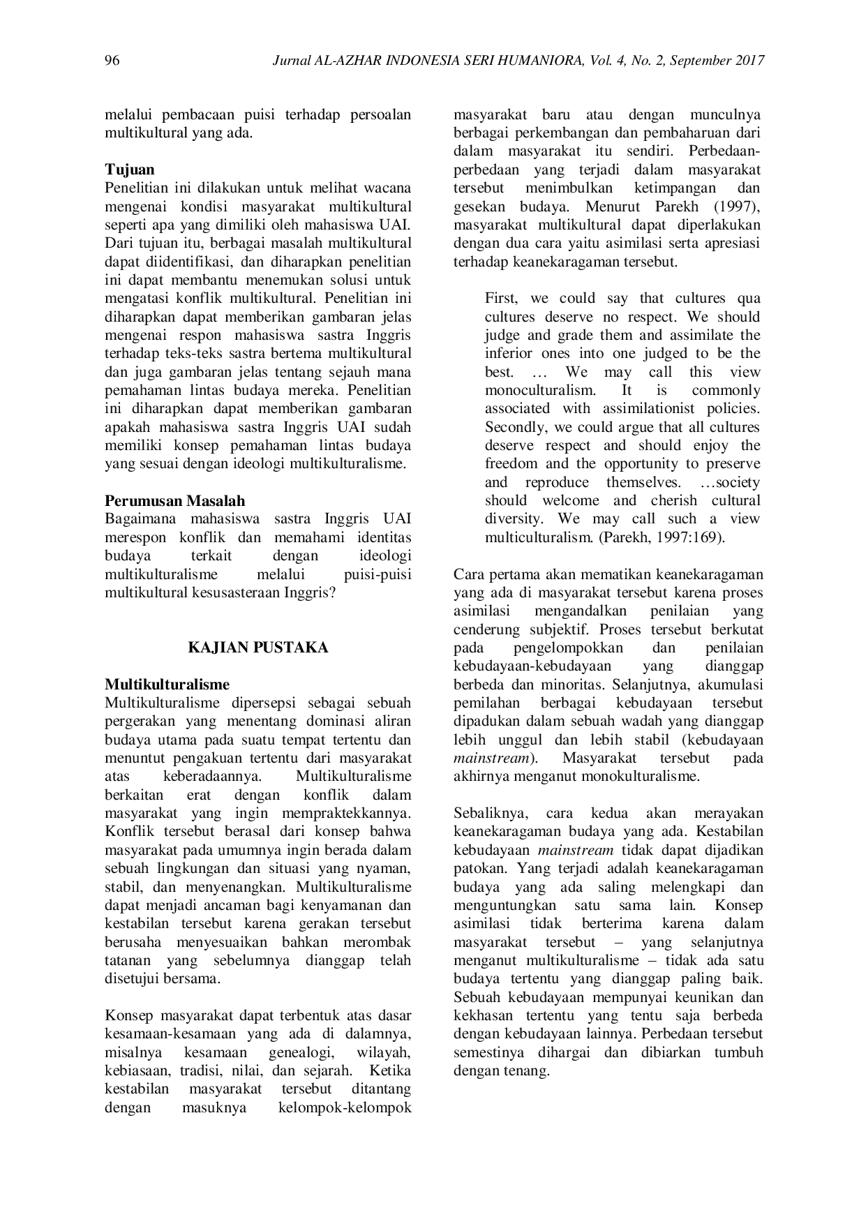 JURIS Pemahaman Identitas dan Toleransi Keberagaman Budaya Mahasiswa Sastra Inggris UAI Melalui Puisi Multikultural Kesusasteraan Inggris Sebuah Kajian Multikulturalisme