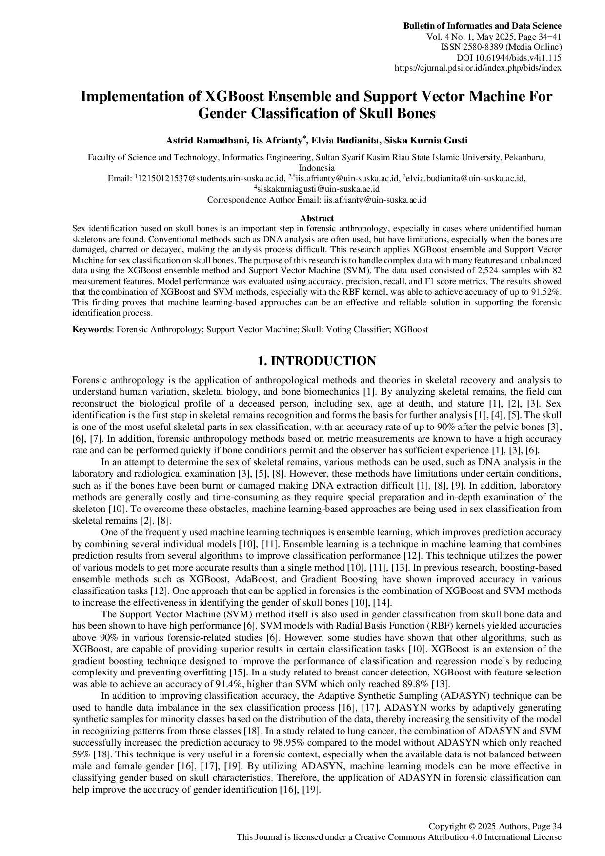 JURIS Implementation of XGBoost Ensemble and Support Vector Machine For Gender Classification of Skull Bones