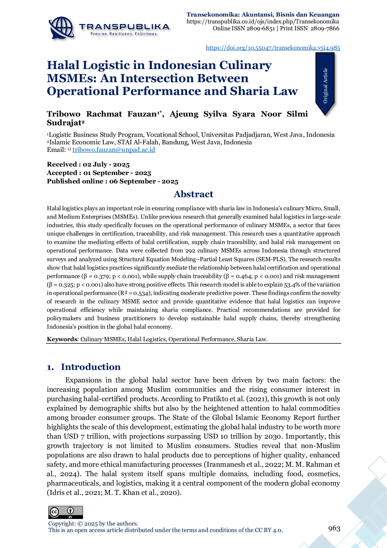 JURIS Halal Logistic in Indonesian Culinary MSMEs An Intersection Between Operational Performance and Sharia Law