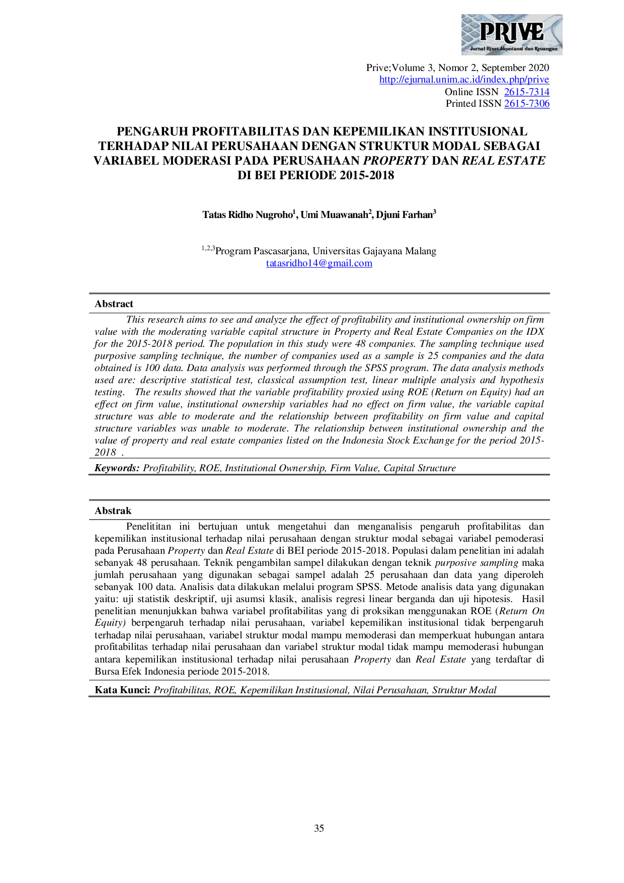 JURIS Pengaruh Profitabilitas dan Kepemilikan Institusional Terhadap Nilai Perusahaan Dengan Struktur Modal Sebagai Variabel Moderasi Pada Perusahaan Property dan Real Estate di BEI Periode 2015 2018