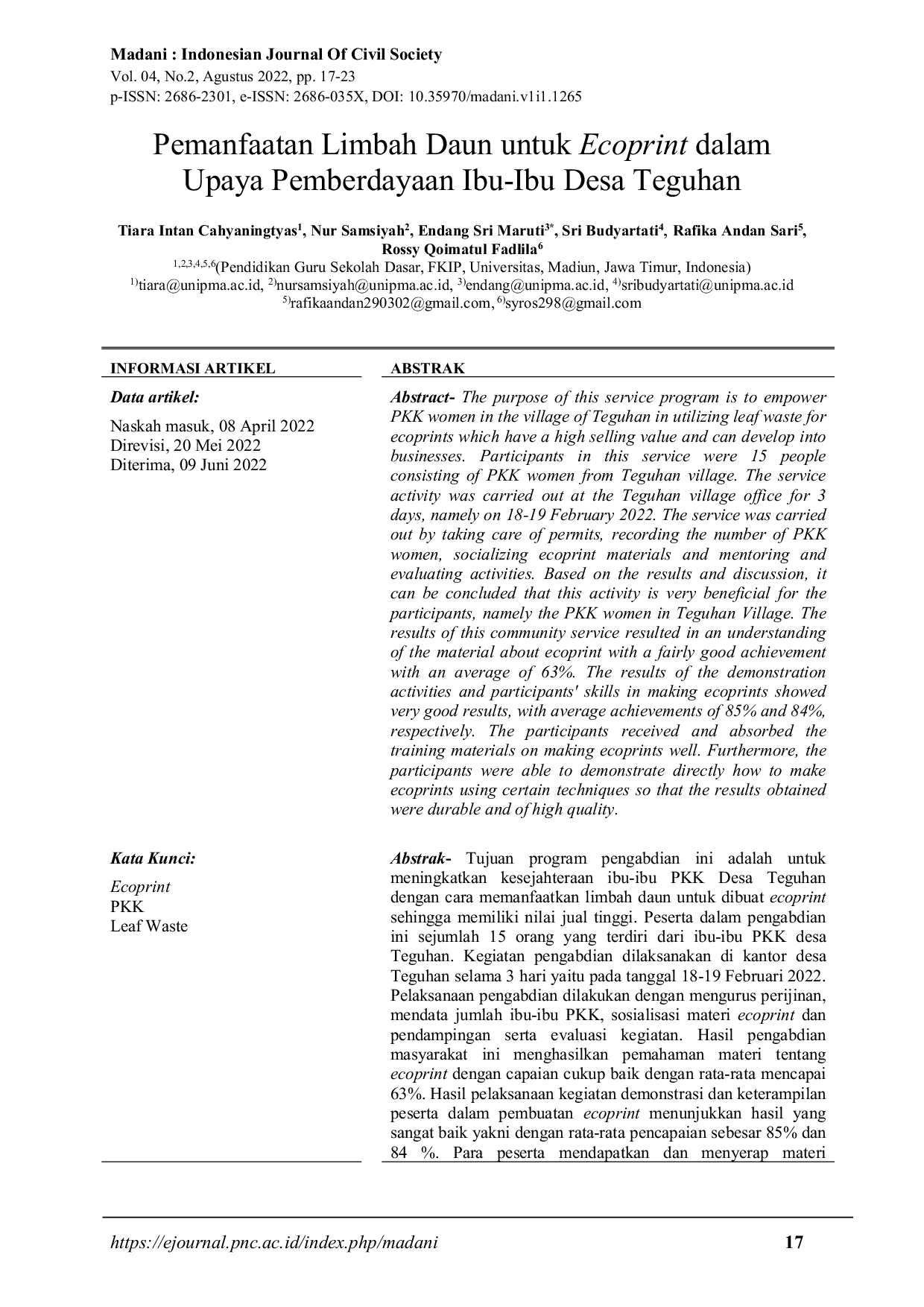 JURIS Pemanfaatan Limbah Daun untuk Ecoprint dalam Upaya Pemberdayaan Ibu Ibu Desa Teguhan