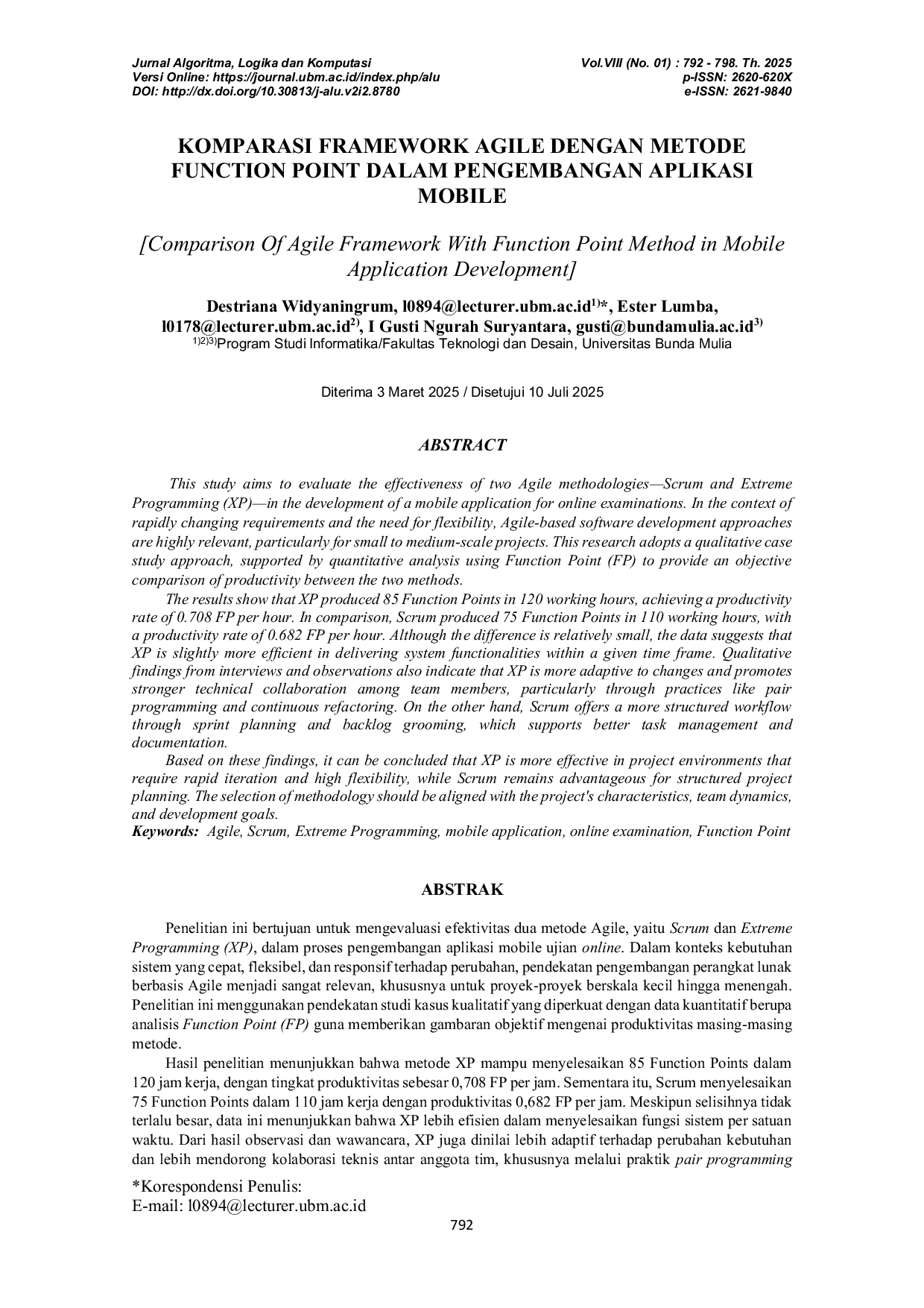 JURIS Komparasi Framework Agile Dengan Metode Function Point dalam Pengembangan Aplikasi Mobile