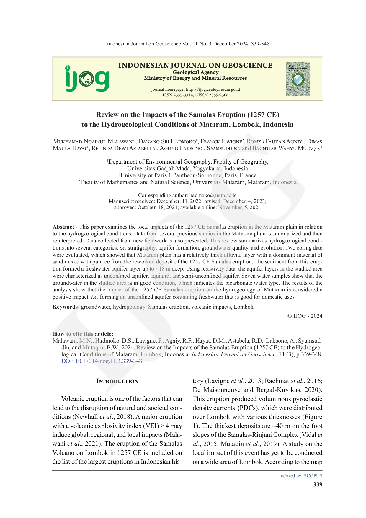 JURIS Review on the Impacts of the Samalas Eruption 1257 CE to the Hydrogeological Conditions of Mataram Lombok Indonesia