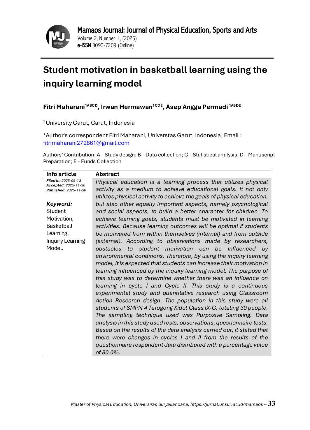 JURIS Student motivation in basketball learning using the inquiry learning model