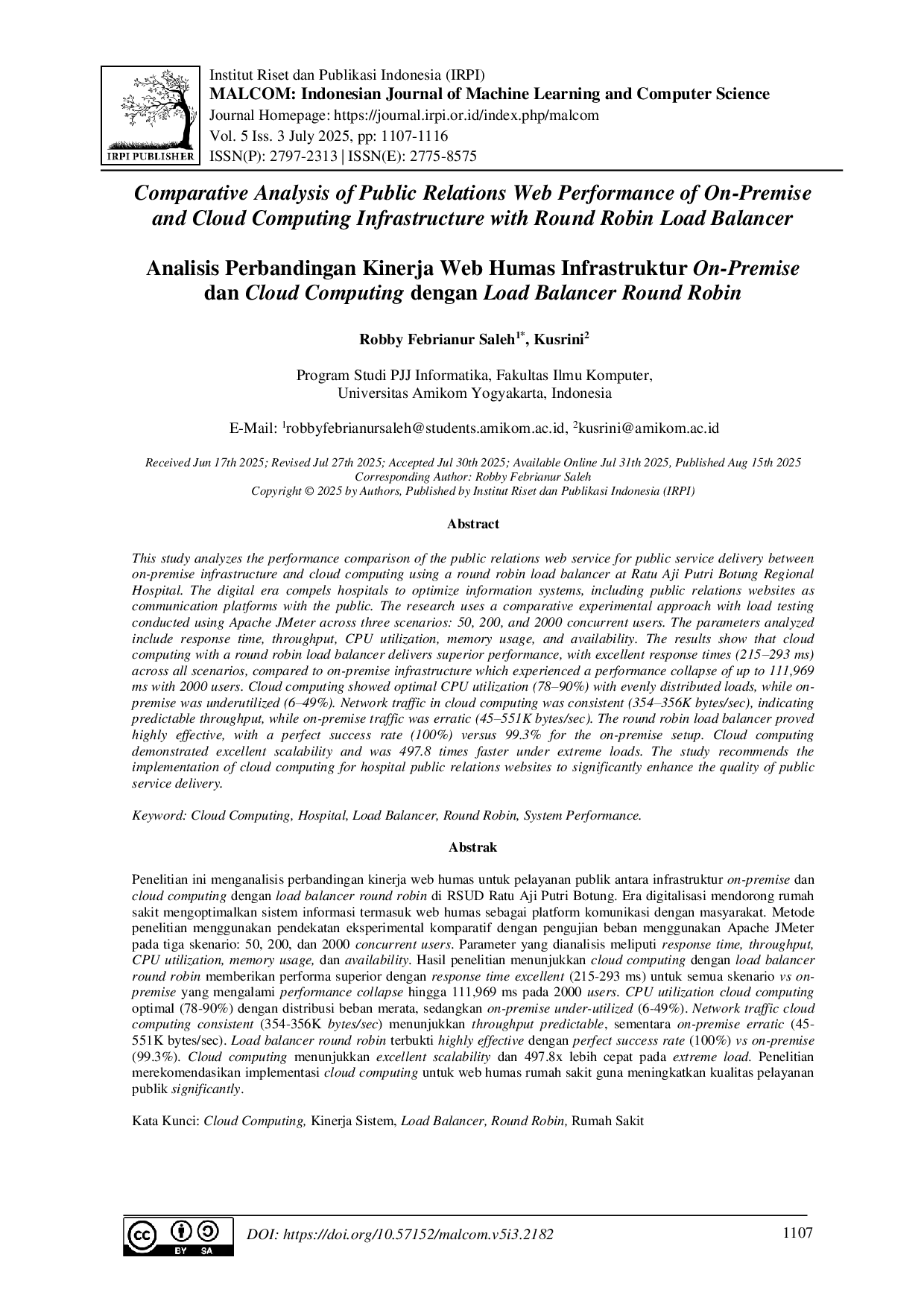 JURIS Analisis Perbandingan Kinerja Web Humas Infrastruktur On Premise dan Cloud Computing dengan Load Balancer Round Robin