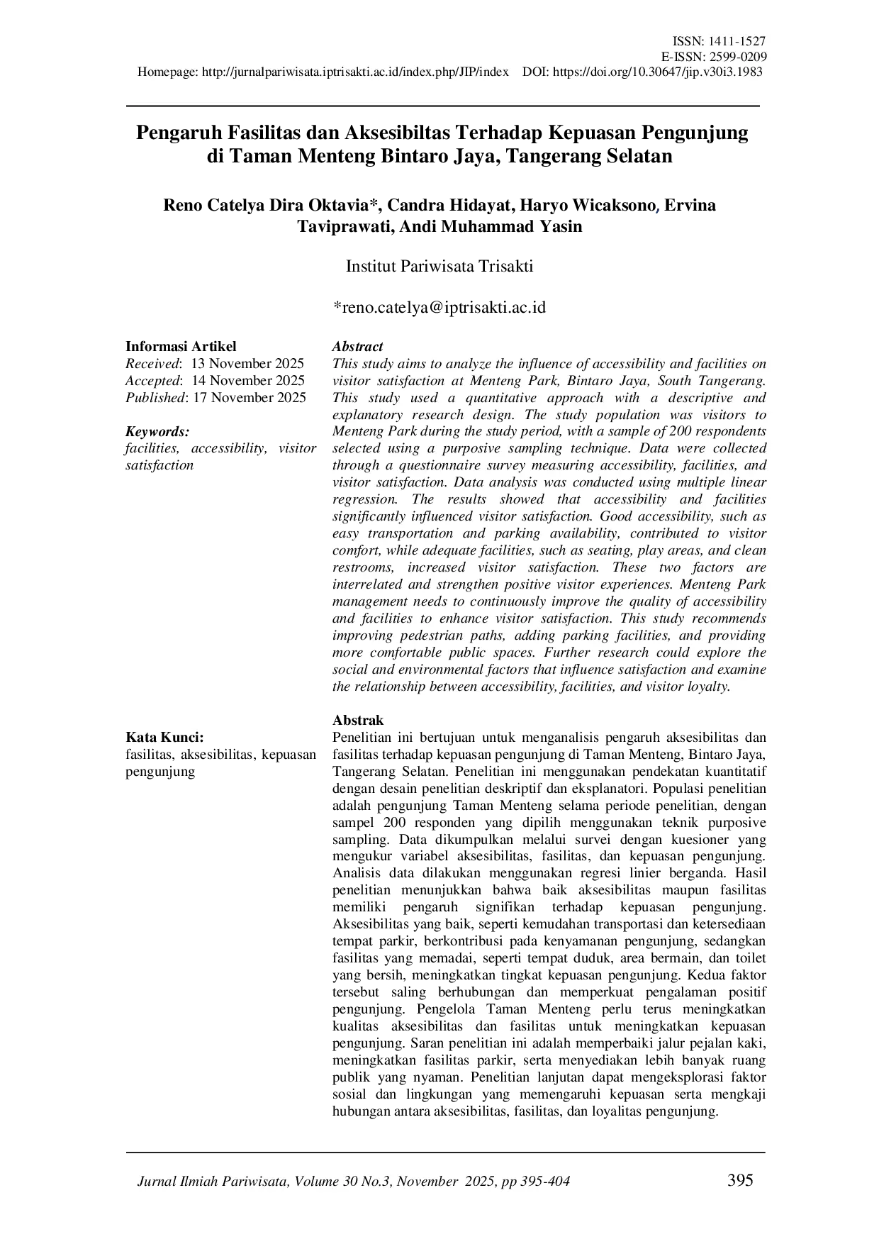 JURIS Pengaruh Fasilitas Dan Aksesibilitas Terhadap Kepuasan Pengunjung Di Taman Menteng Bintaro Jaya Tangerang Selatan
