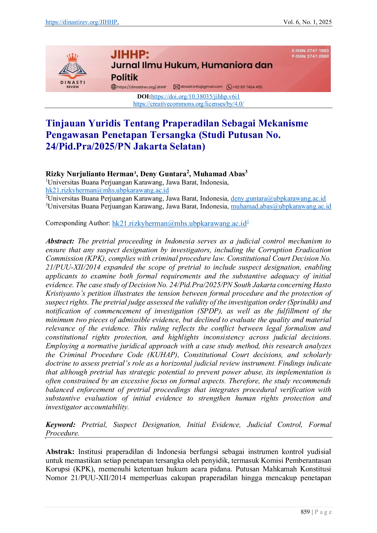 JURIS Tinjauan Yuridis Tentang Praperadilan Sebagai Mekanisme Pengawasan Penetapan Tersangka Studi Putusan No 24 Pid Pra 2025 PN Jakarta Selatan