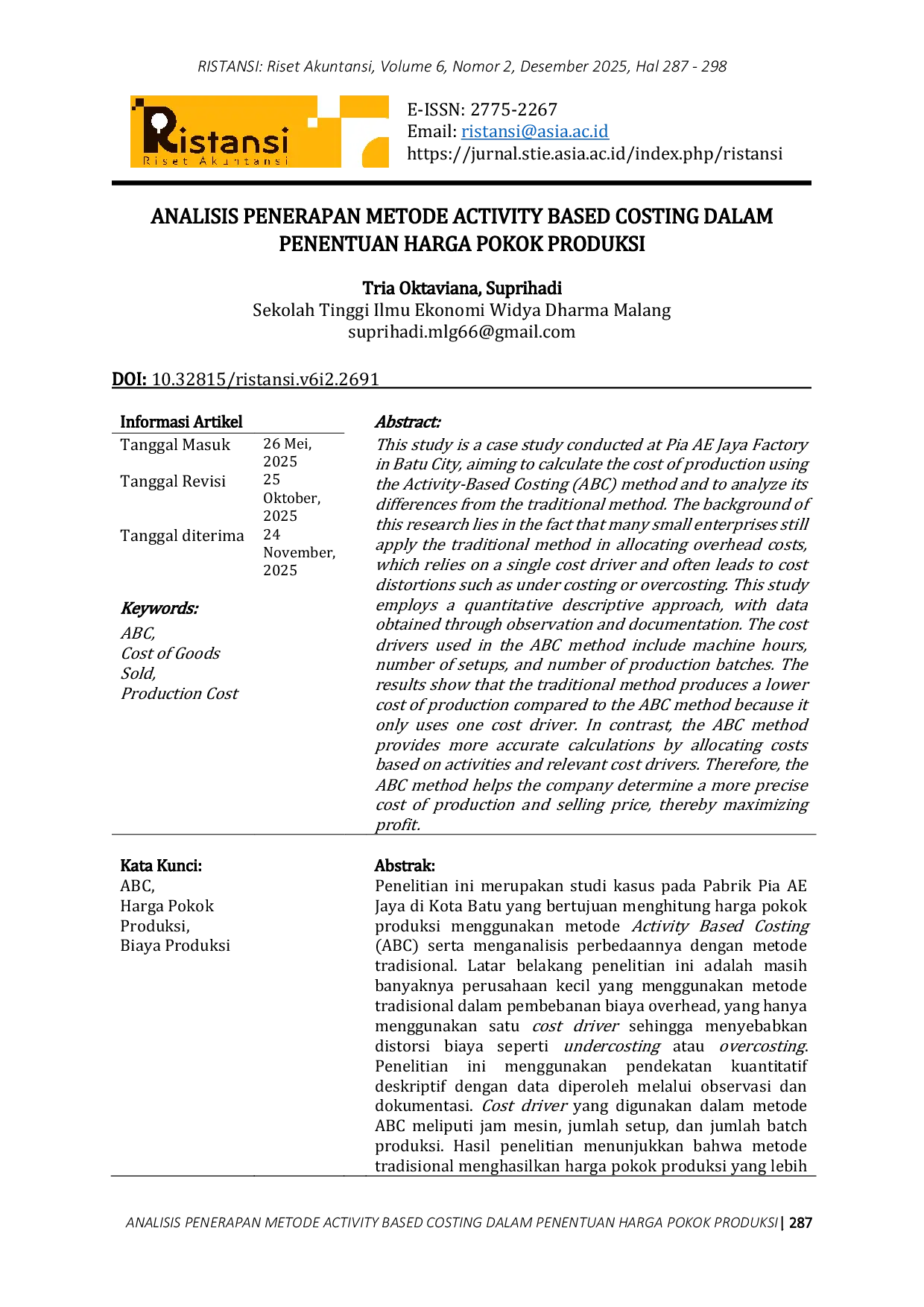 JURIS Analisis Penerapan Metode Activity Based Costing Dalam Penentuan Harga Pokok Produksi