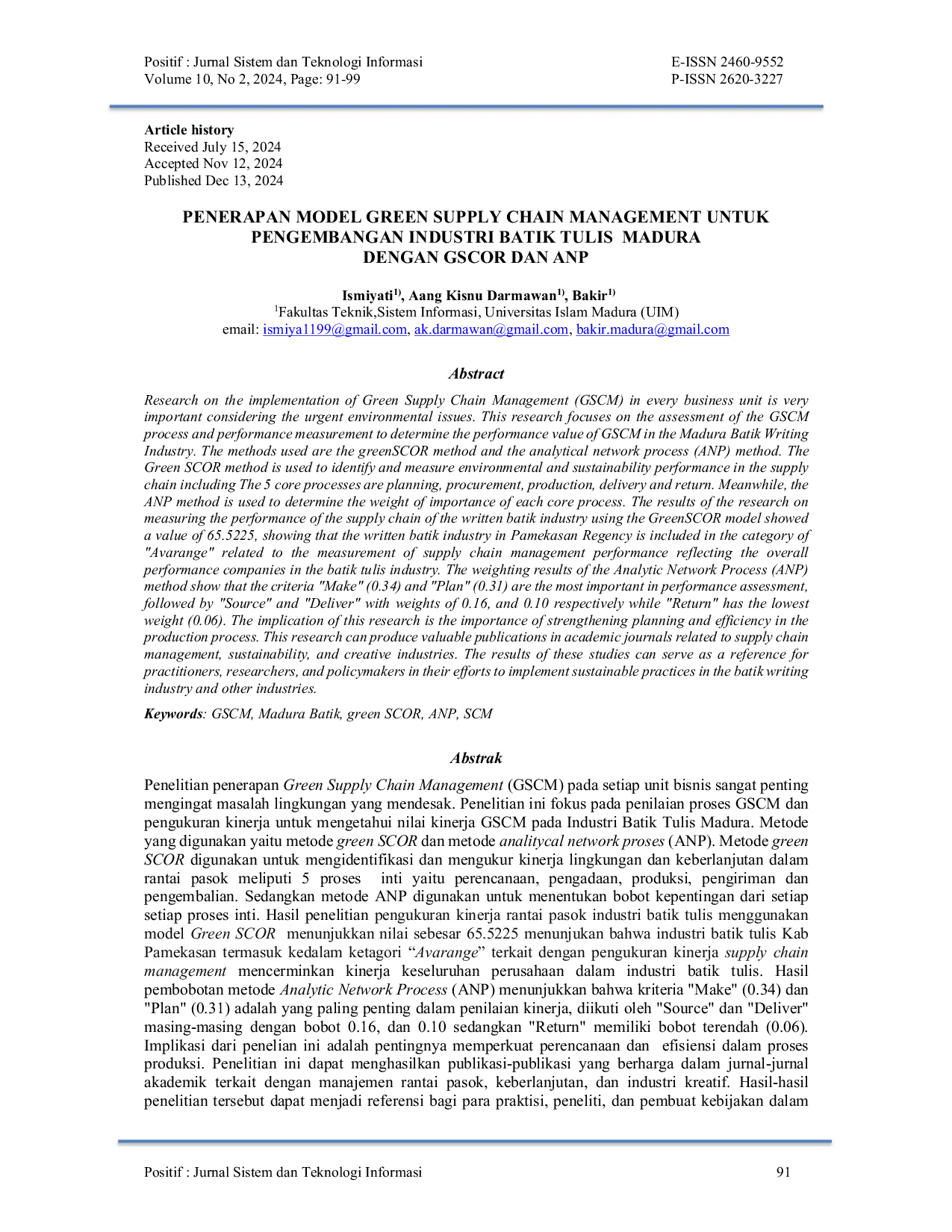 JURIS Penerapan Model Green Supply Chain Management Untuk Pengembangan Industri Batik Tulis Madura Dengan GSCOR Dan ANP
