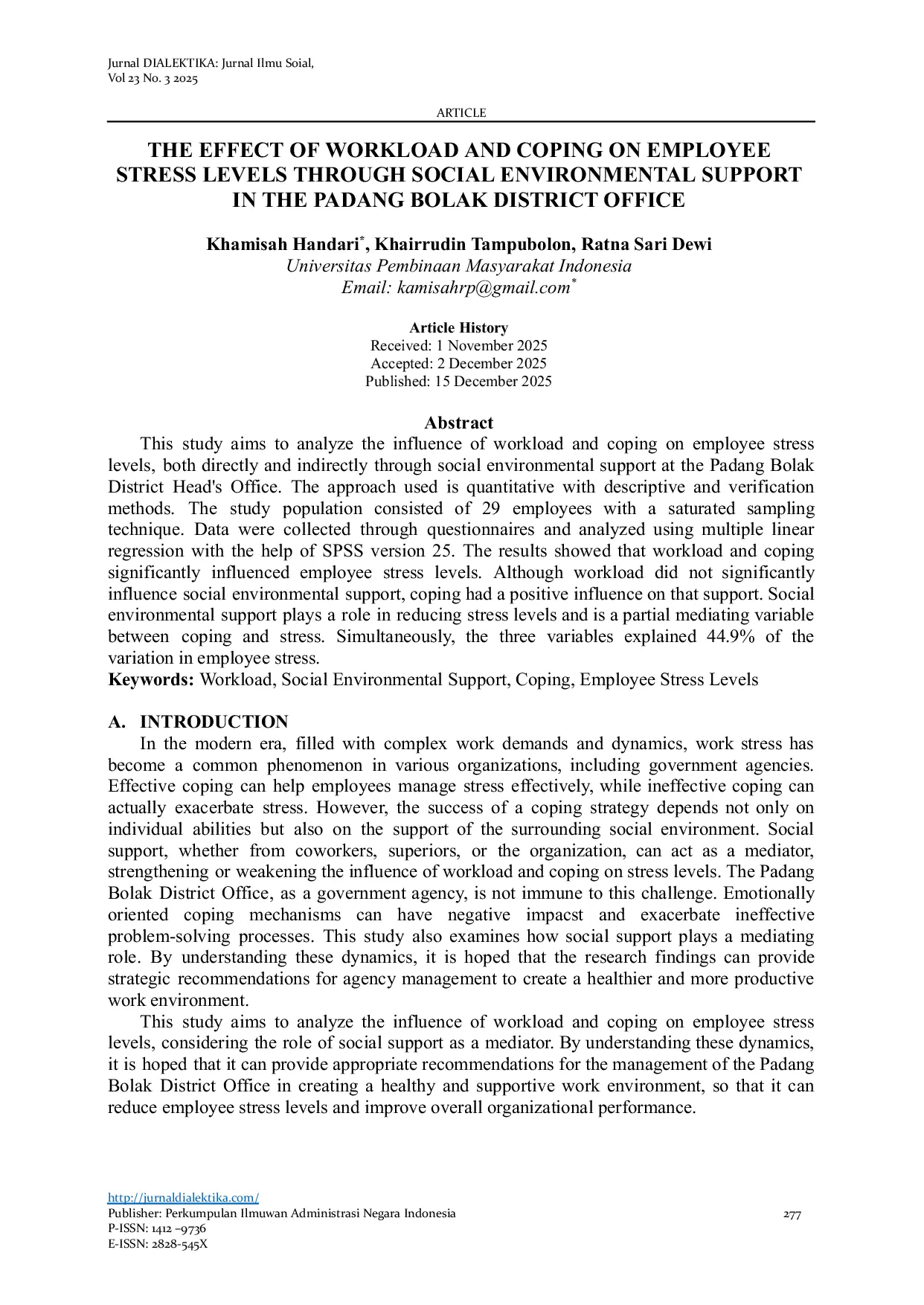 JURIS The Effect of Workload and Coping on Employee Stress Levels Through Social Environmental Support in the Padang Bolak District Office