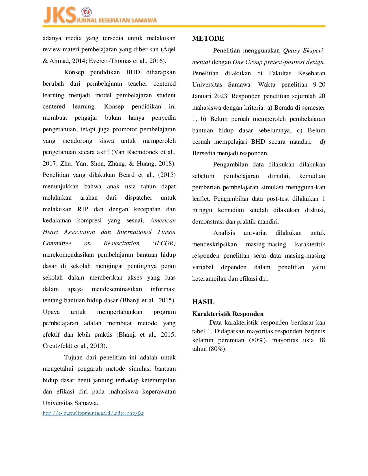 juris Pengaruh Metode Simulasi Bantuan Hidup Dasar BHD Henti Jantung Terhadap Keterampilan Dan Efikasi Diri Mahasiswa