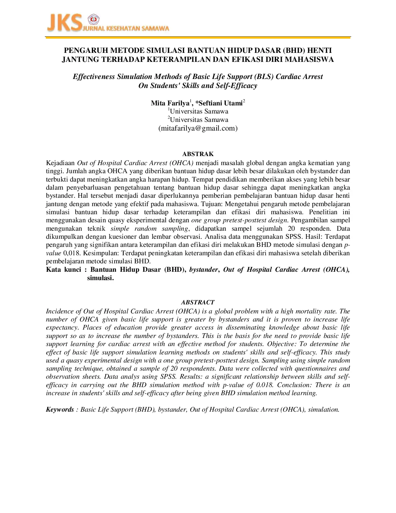juris Pengaruh Metode Simulasi Bantuan Hidup Dasar BHD Henti Jantung Terhadap Keterampilan Dan Efikasi Diri Mahasiswa