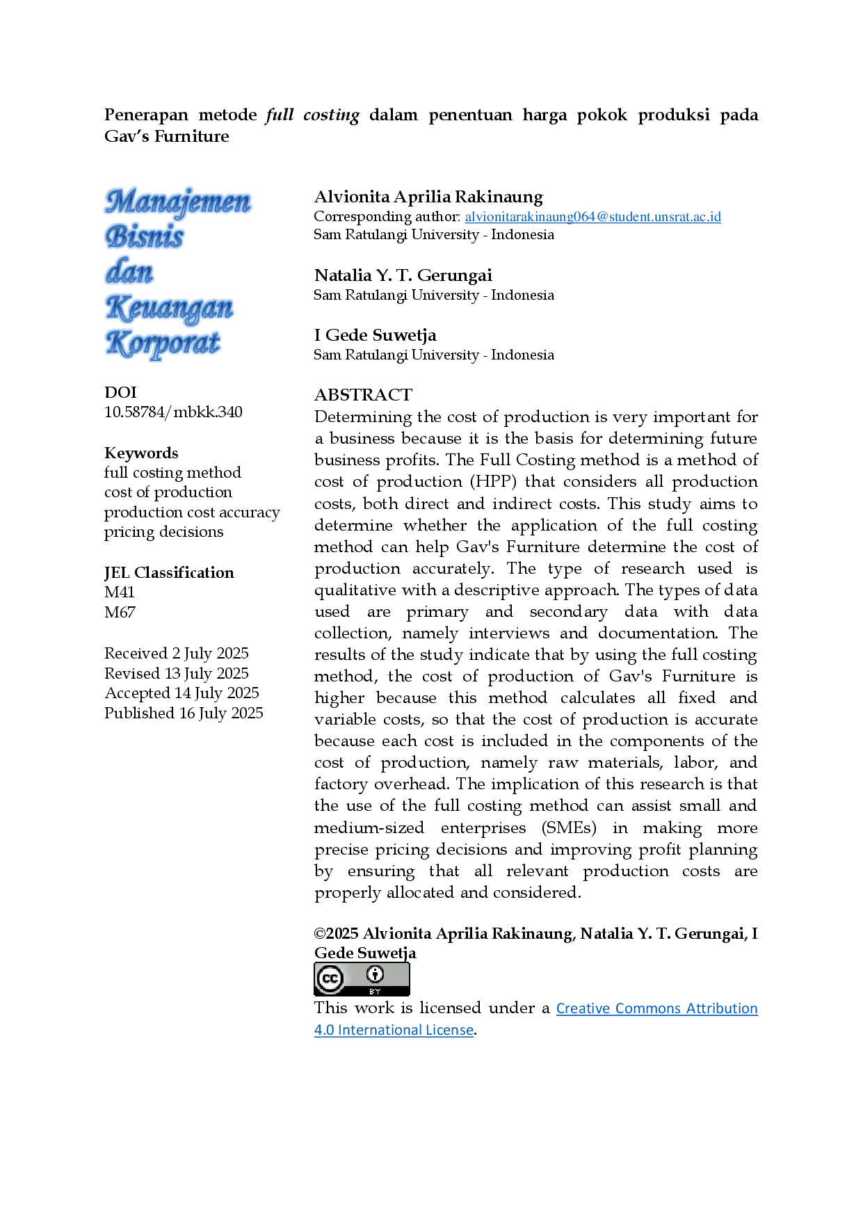 JURIS Penerapan Metode Full Costing Dalam Penentuan Harga Pokok Produksi Pada Gav s Furniture