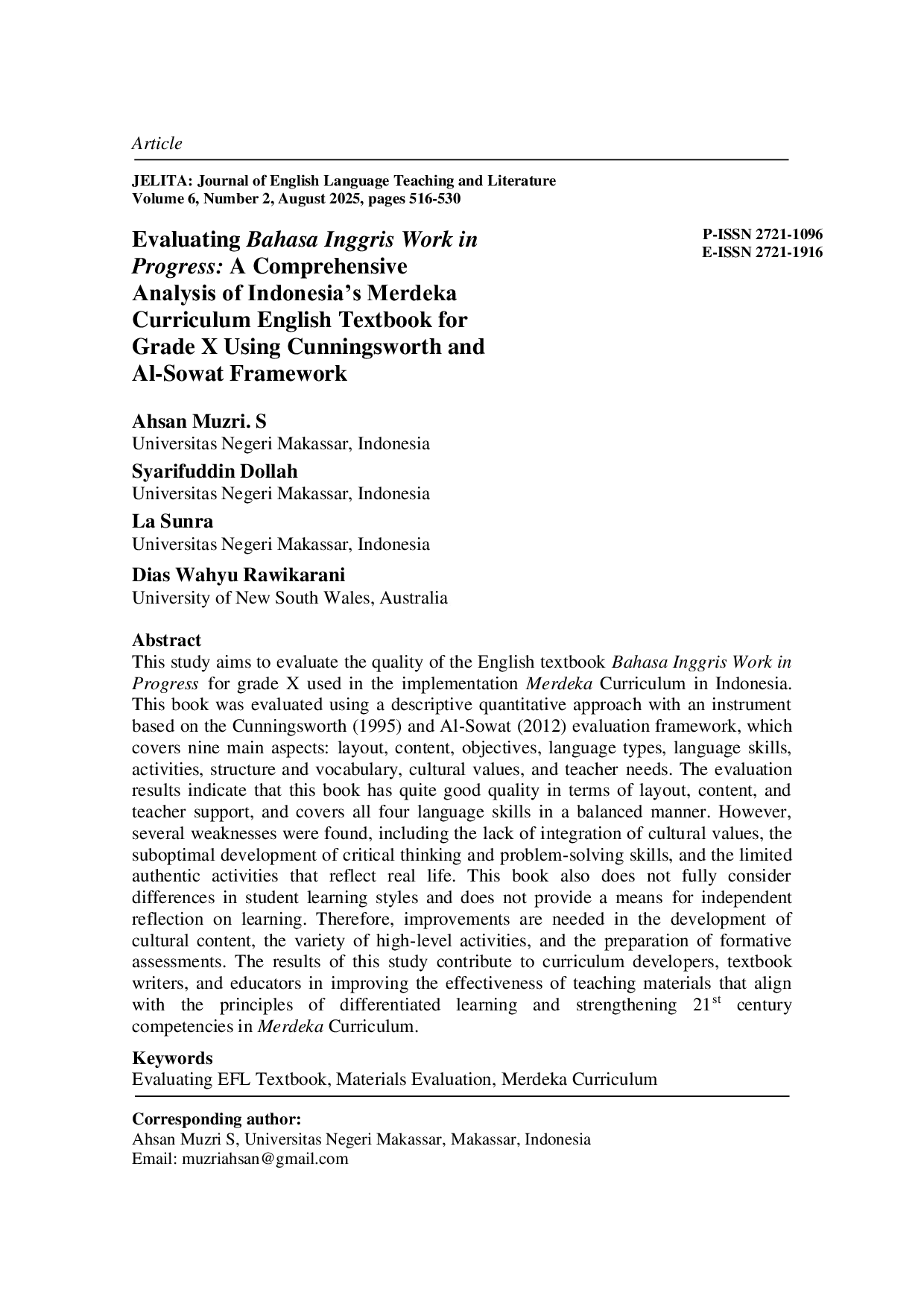 JURIS Evaluating Bahasa Inggris Work in Progress A Comprehensive Analysis of Indonesia s Merdeka Curriculum English Textbook for Grade X Using Cunningsworth and Al Sowat Framework