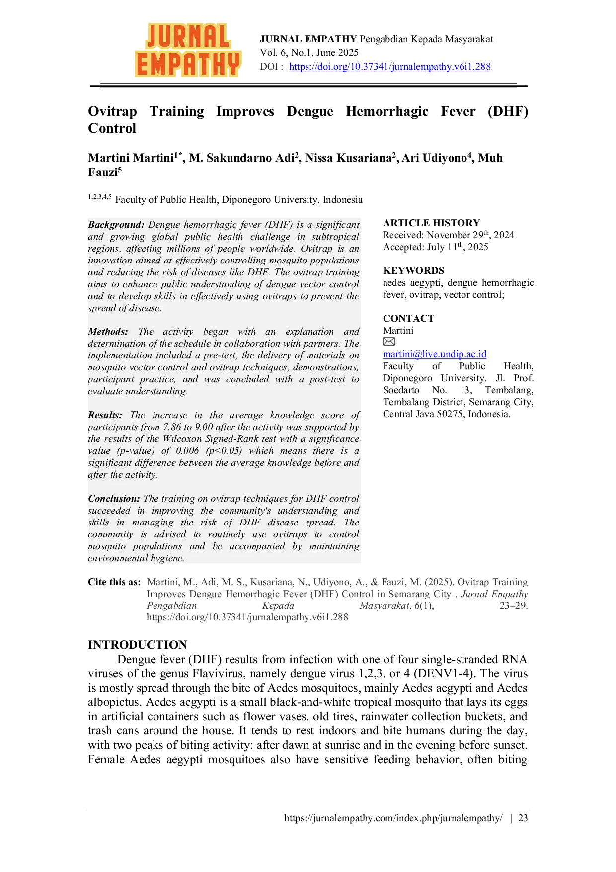 JURIS Ovitrap Training Improves Dengue Hemorrhagic Fever DHF Control