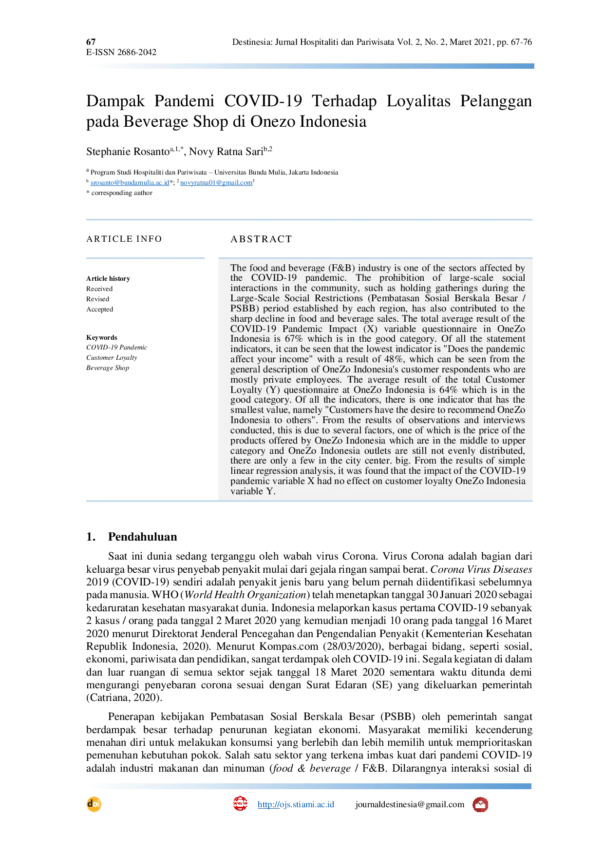 JURIS Dampak Pandemi COVID 19 Terhadap Loyalitas Pelanggan pada Beverage Shop di Onezo Indonesia