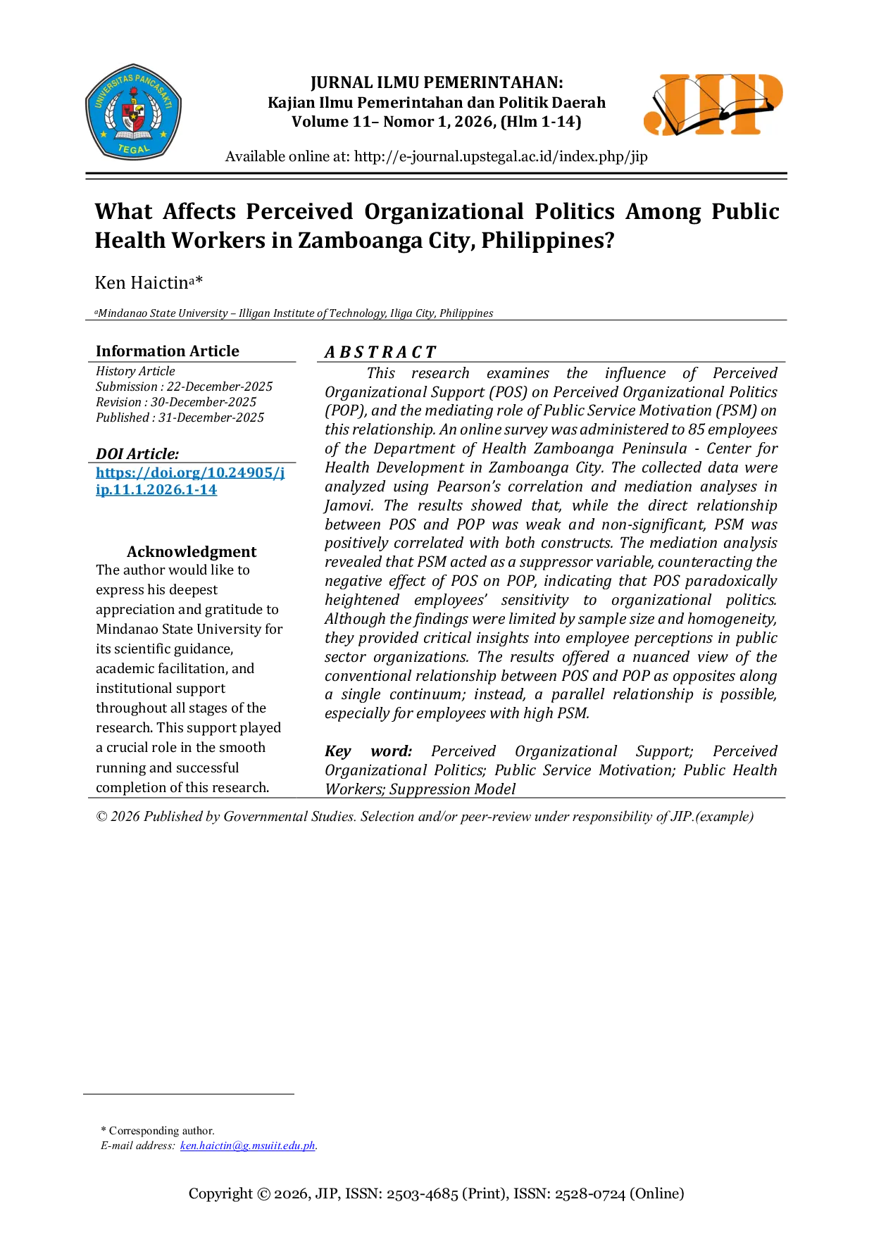 JURIS What Affects Perceived Organizational Politics Among Public Health Workers in Zamboanga City Philippines