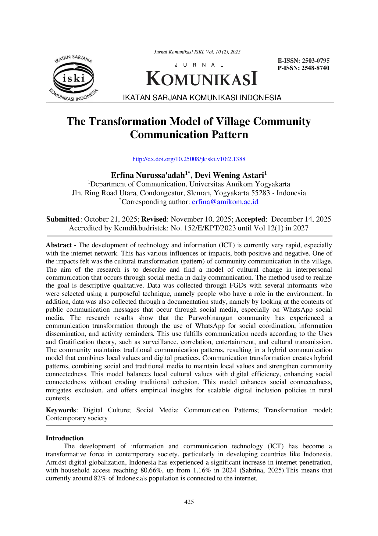 JURIS The Transformation Model of Village Community Communication Pattern