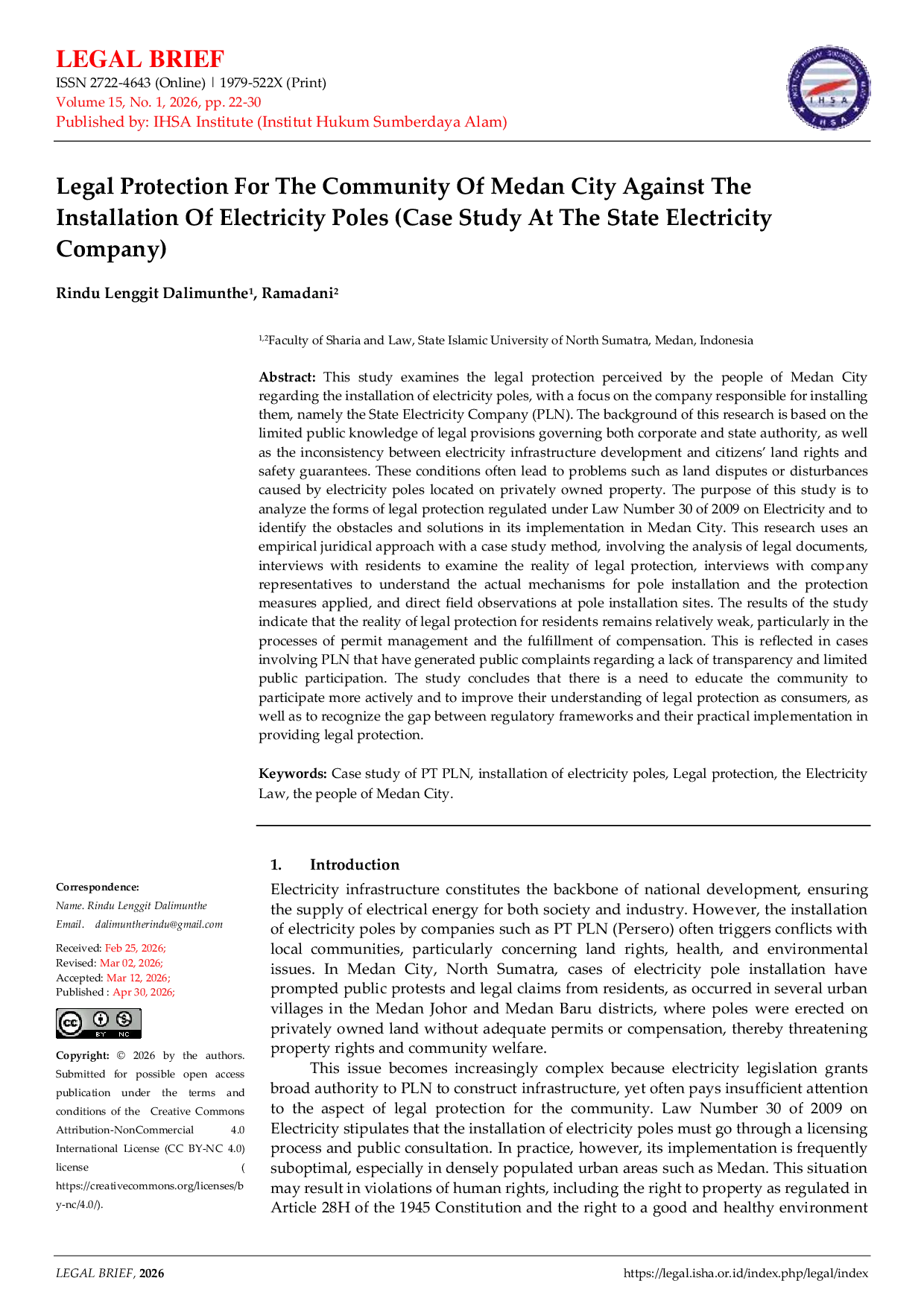 JURIS Legal Protection For The Community Of Medan City Against The Installation Of Electricity Poles Case Study At The State Electricity Company