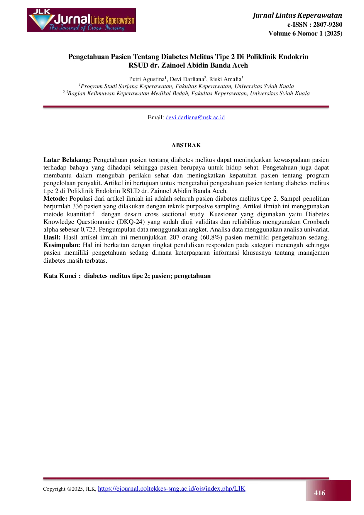 JURIS PENGETAHUAN PASIEN TENTANG DIABETES MELITUS TIPE 2 DI POLIKLINIK ENDOKRIN RSUD dr ZAINOEL ABIDIN BANDA ACEH
