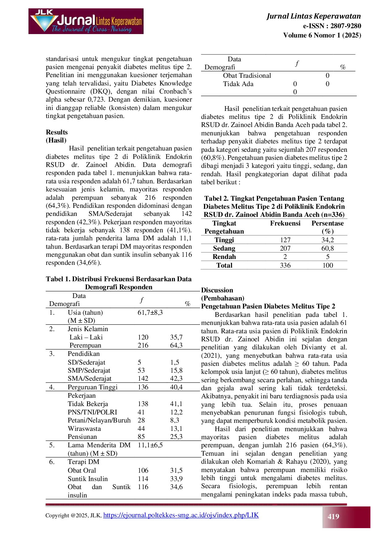 JURIS PENGETAHUAN PASIEN TENTANG DIABETES MELITUS TIPE 2 DI POLIKLINIK ENDOKRIN RSUD dr ZAINOEL ABIDIN BANDA ACEH