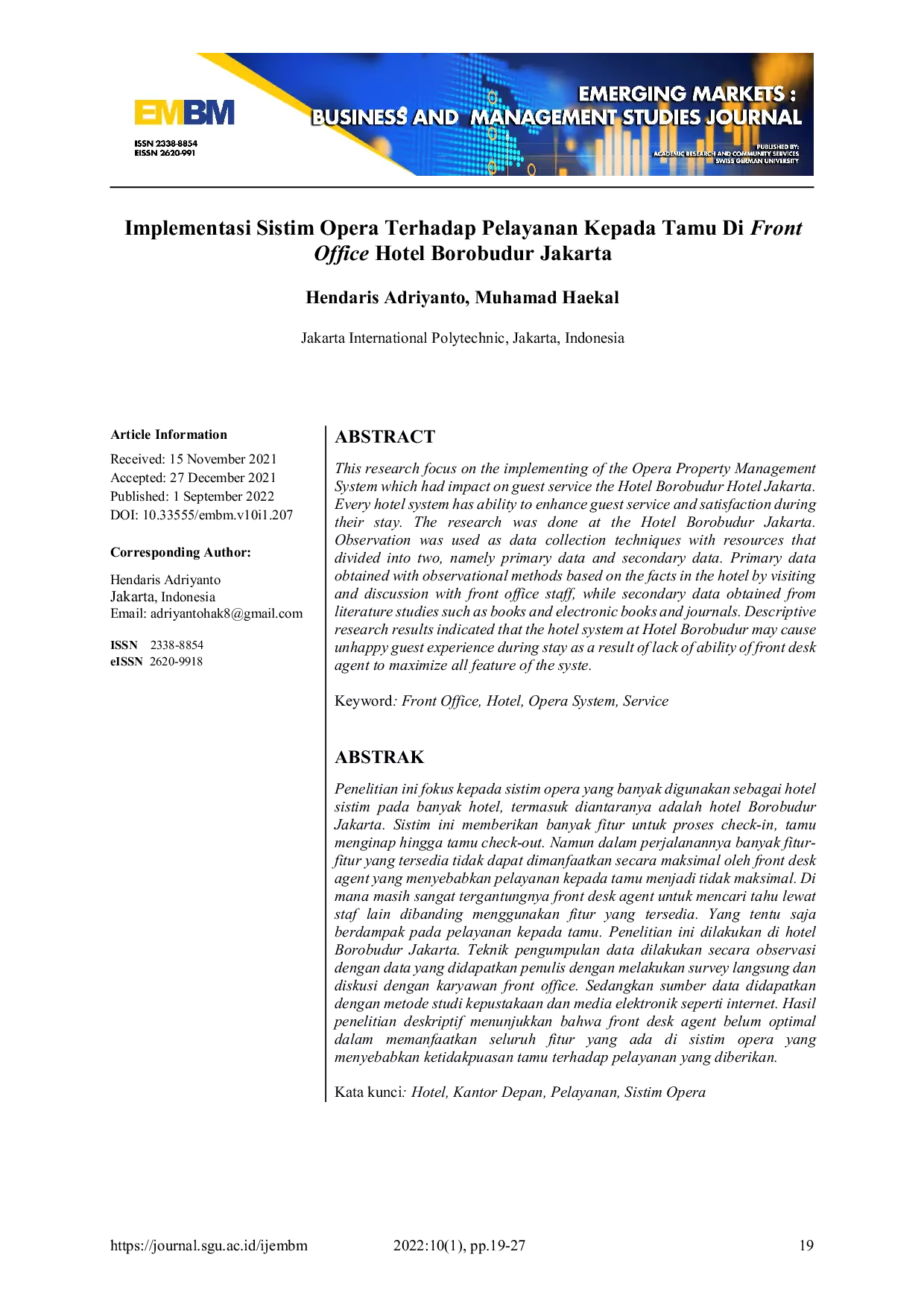 JURIS Implementasi Sistim Opera Terhadap Pelayanan Kepada Tamu di Front Office Hotel Borobudur Jakarta