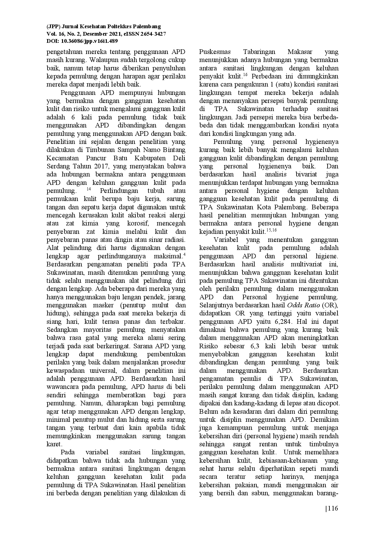 juris Gangguan Kesehatan Kulit Pada Pemulung Dan Faktor Penentunya Di Tpa Sukawinatan Kota Palembang