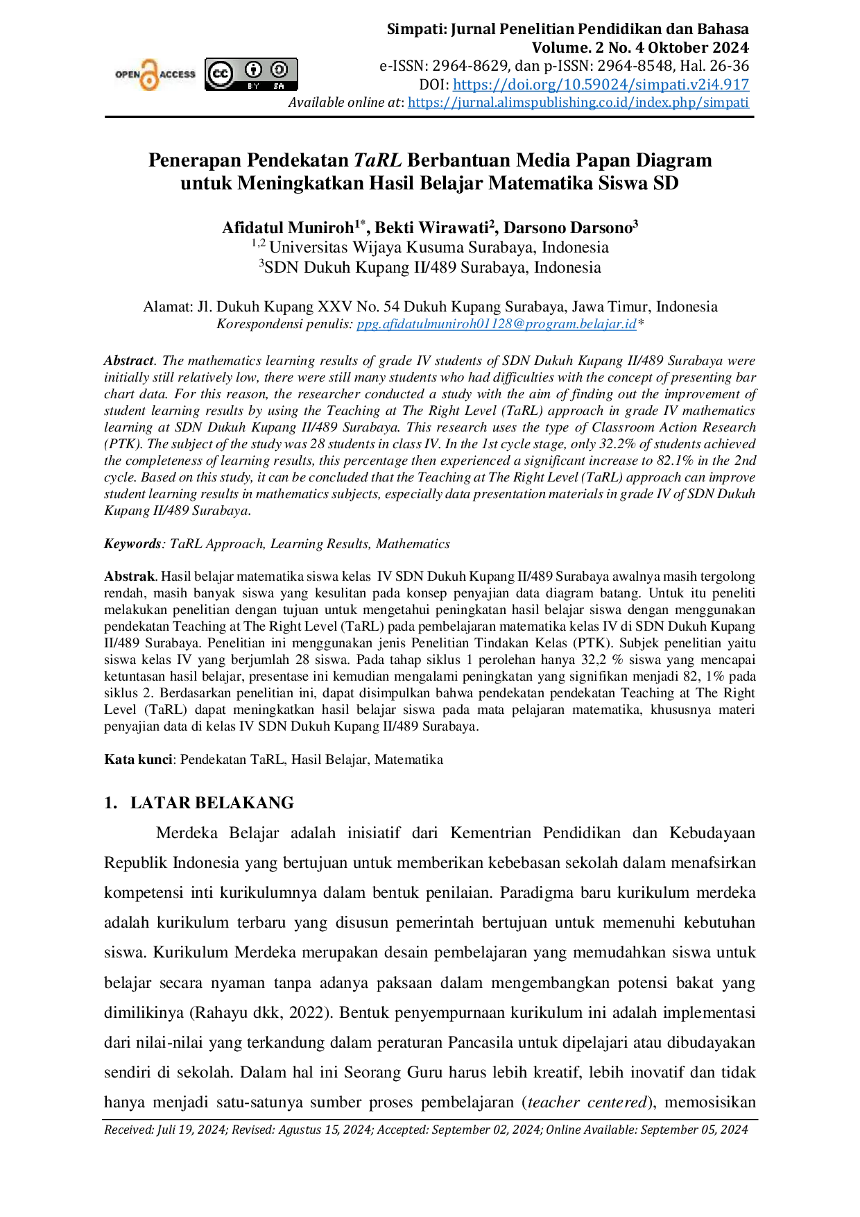 JURIS Penerapan Pendekatan TaRL Berbantuan Media Papan Diagram Untuk Meningkatkan Hasil Belajar Matematika Siswa SD