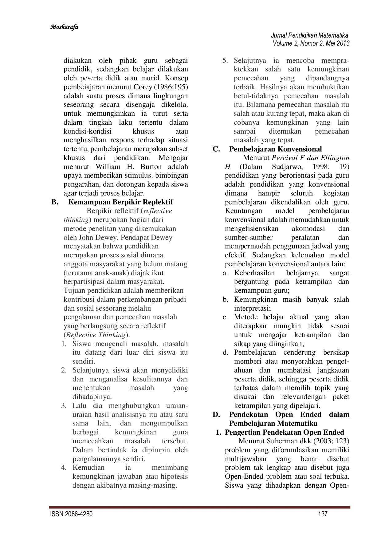 JURIS Perbandingan Kemampuan Berpikir Reflektif Antara Siswa Yang Mendapatkan Pendekatan Open Ended Dengan Konvensional