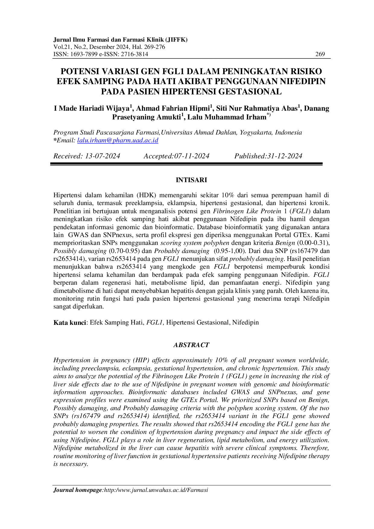 JURIS Potential of FGL1 Gene Variation in Increasing the Risk of Liver Side Effects Due to The Use of Nifedipine in Patients with Gestational Hypertension