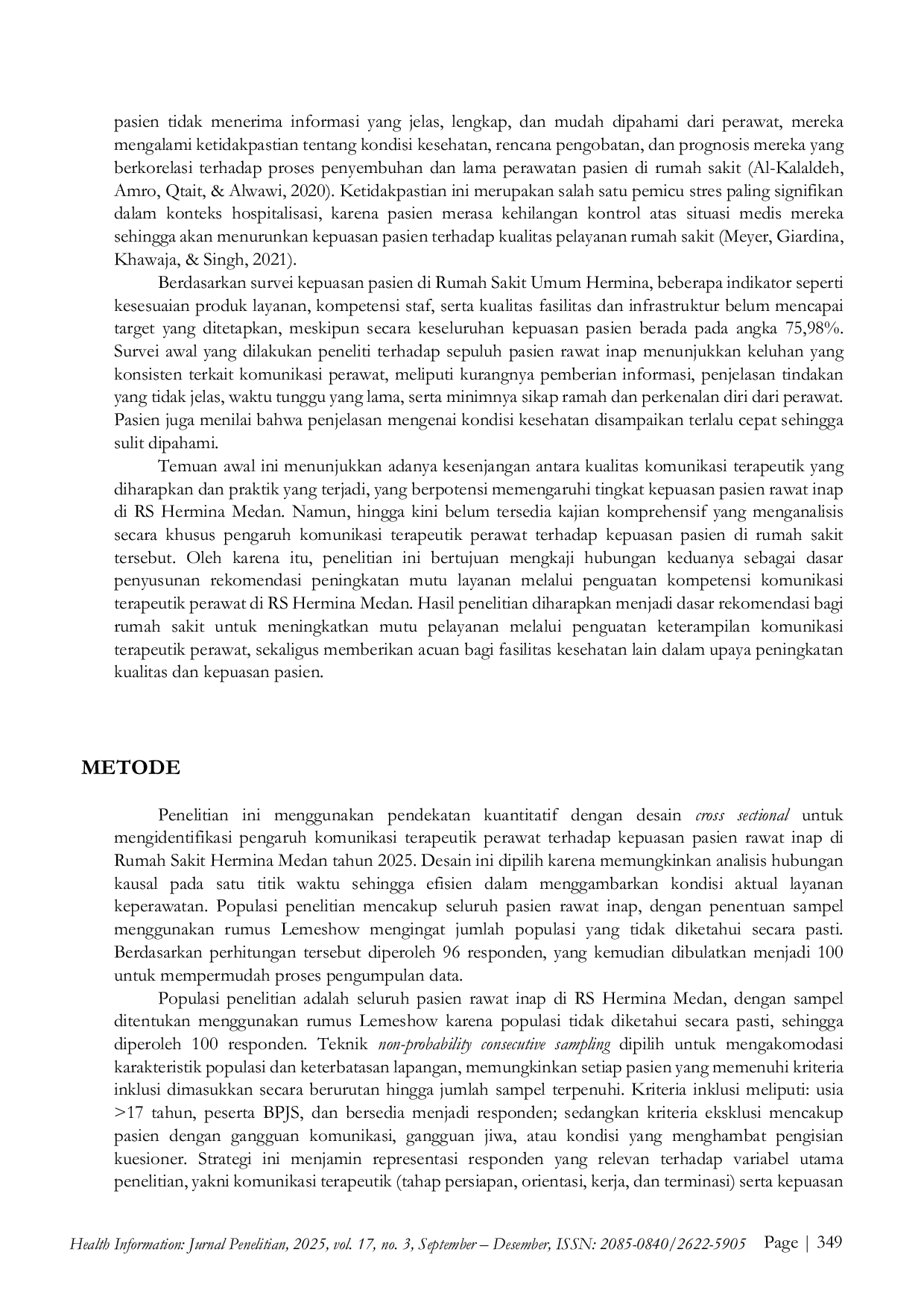 JURIS Analisis Pengaruh Komunikasi Terapeutik Perawat Terhadap Kepuasan Pasien Pada Instalasi Rawat Inap Rumah Sakit Herrmina Medan Tahun 2025