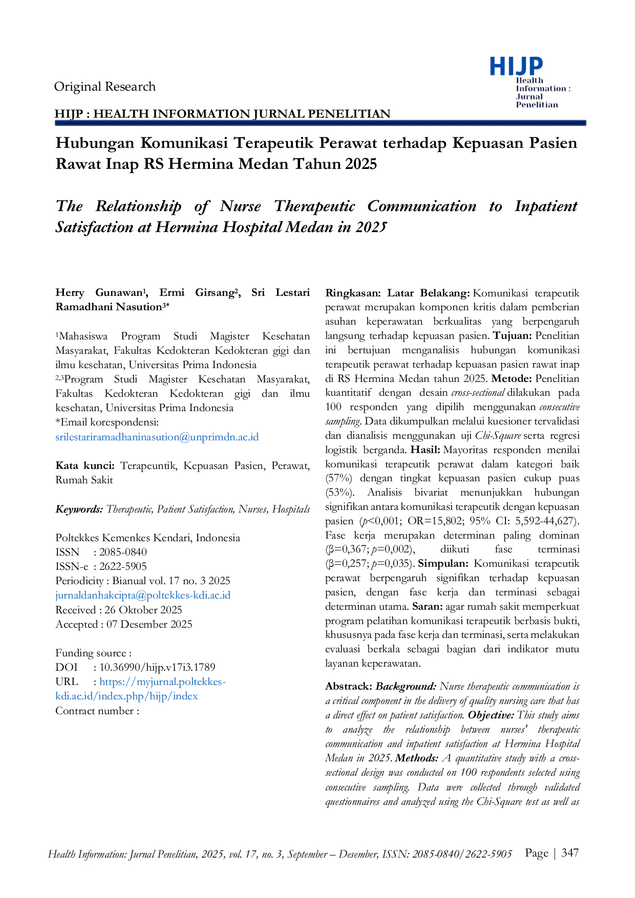 JURIS Analisis Pengaruh Komunikasi Terapeutik Perawat Terhadap Kepuasan Pasien Pada Instalasi Rawat Inap Rumah Sakit Herrmina Medan Tahun 2025