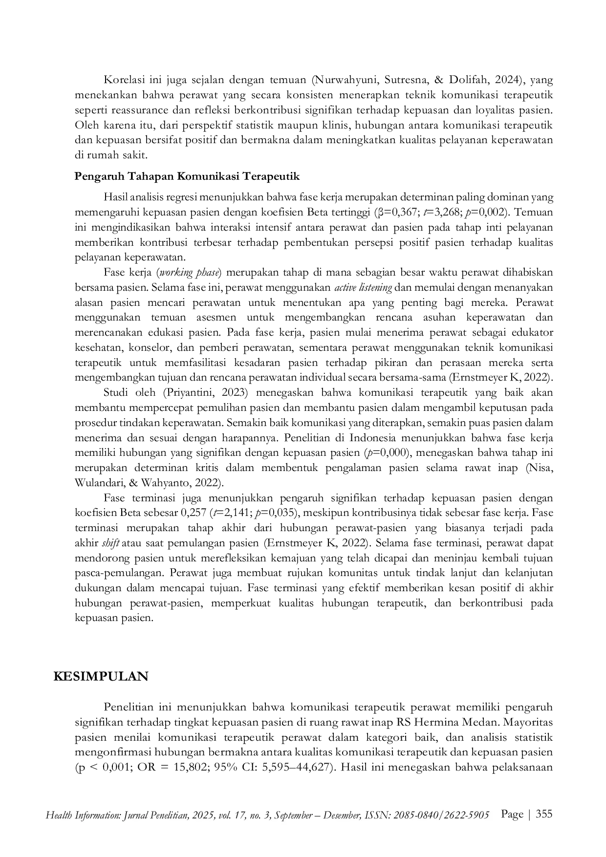 JURIS Analisis Pengaruh Komunikasi Terapeutik Perawat Terhadap Kepuasan Pasien Pada Instalasi Rawat Inap Rumah Sakit Herrmina Medan Tahun 2025