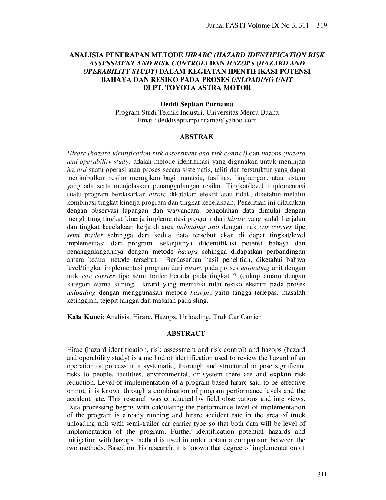 JURIS Analisis Penerapan Metode Hirarc Hazard Identification Risk Assessment And Risk Control Dan Hazops Hazard And Operability Study Dalam Kegiatan Identifikasi Potensi Bahaya Dan Resiko Pada Proses Un