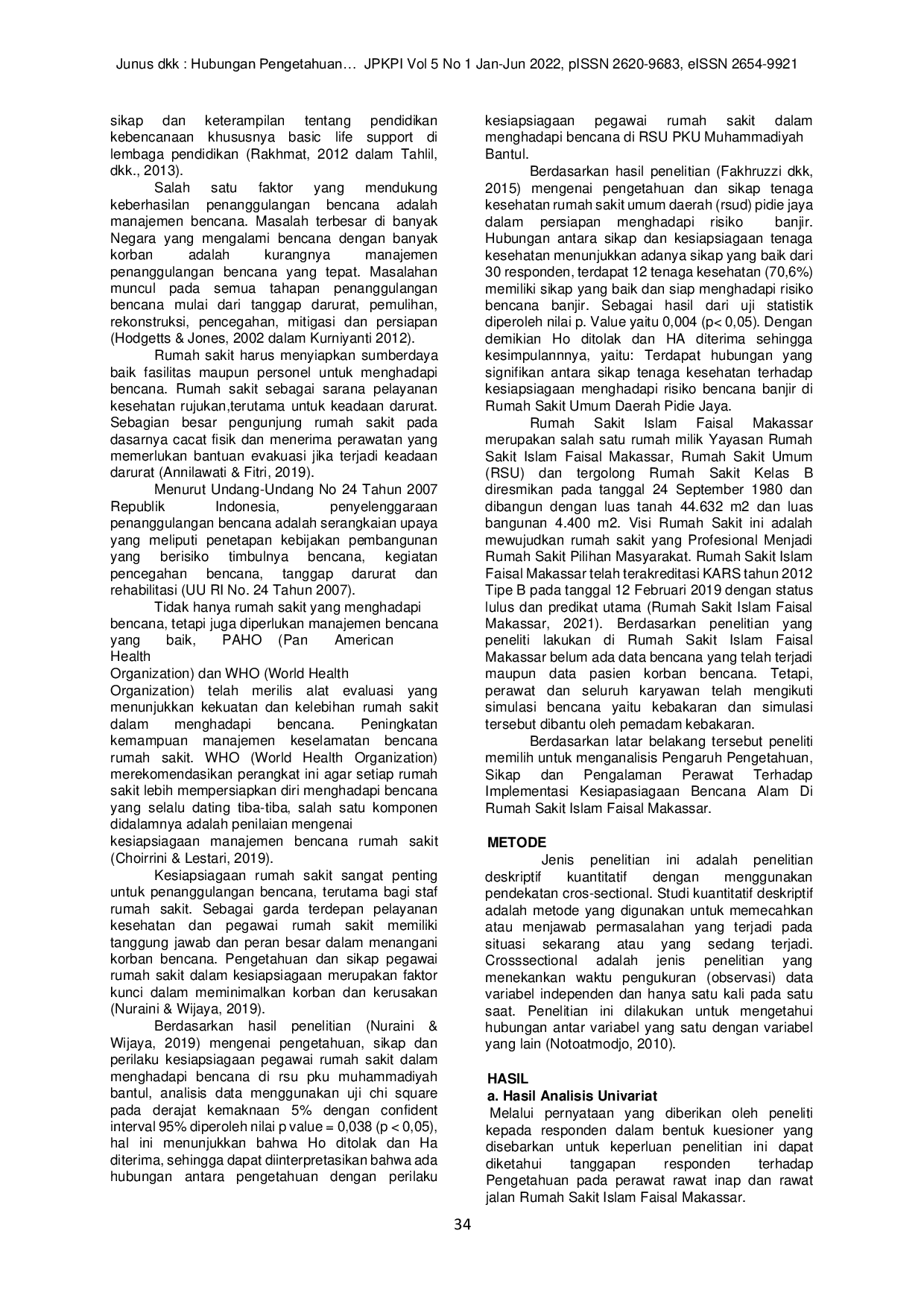 JURIS Hubungan Pengetahuan Sikap Dan Pengalaman Perawat Dengan Kesiapsiagaan Bencana Di Rs Islam Faisal Makassar