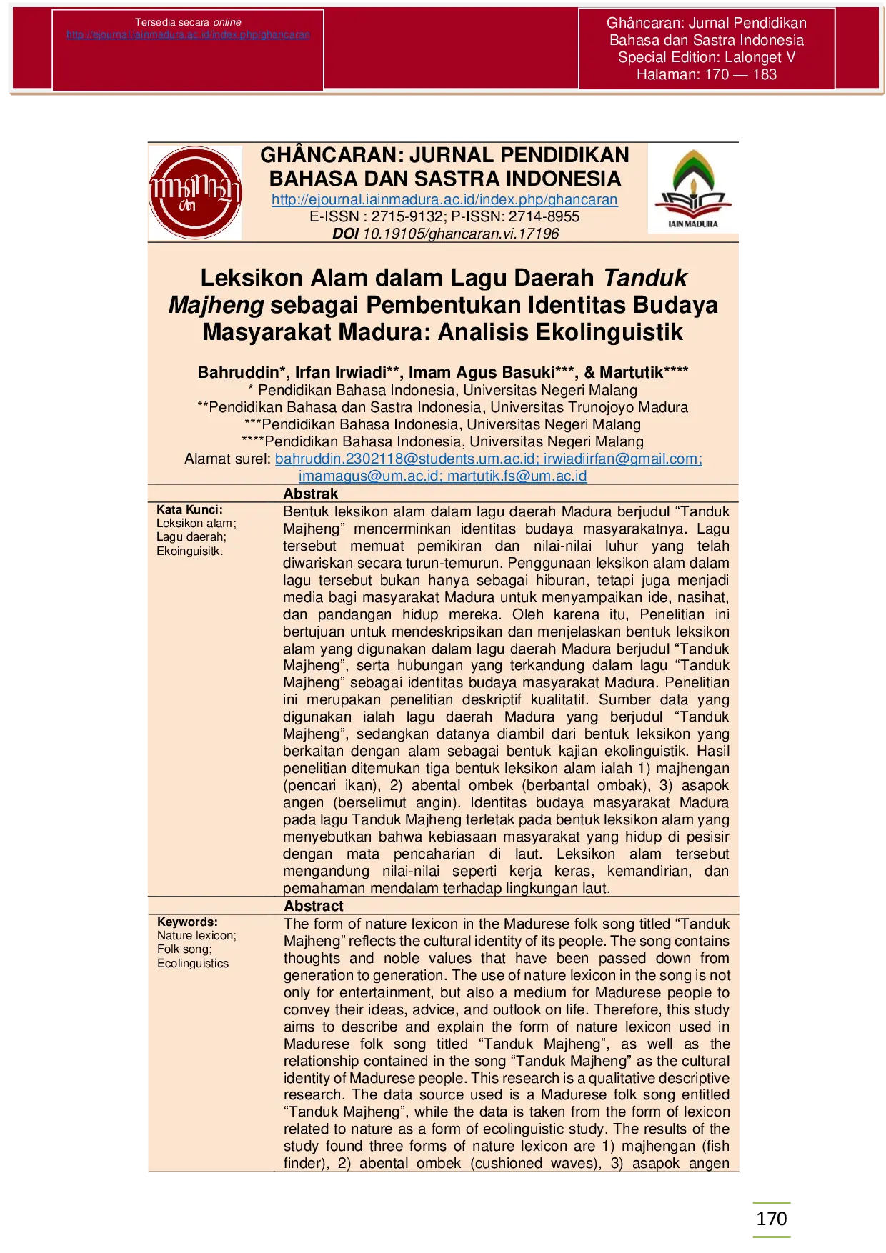 JURIS Leksikon Alam dalam Lagu Daerah Tanduk Majheng sebagai Pembentukan Identitas Budaya Masyarakat Madura Analisis Ekolinguistik
