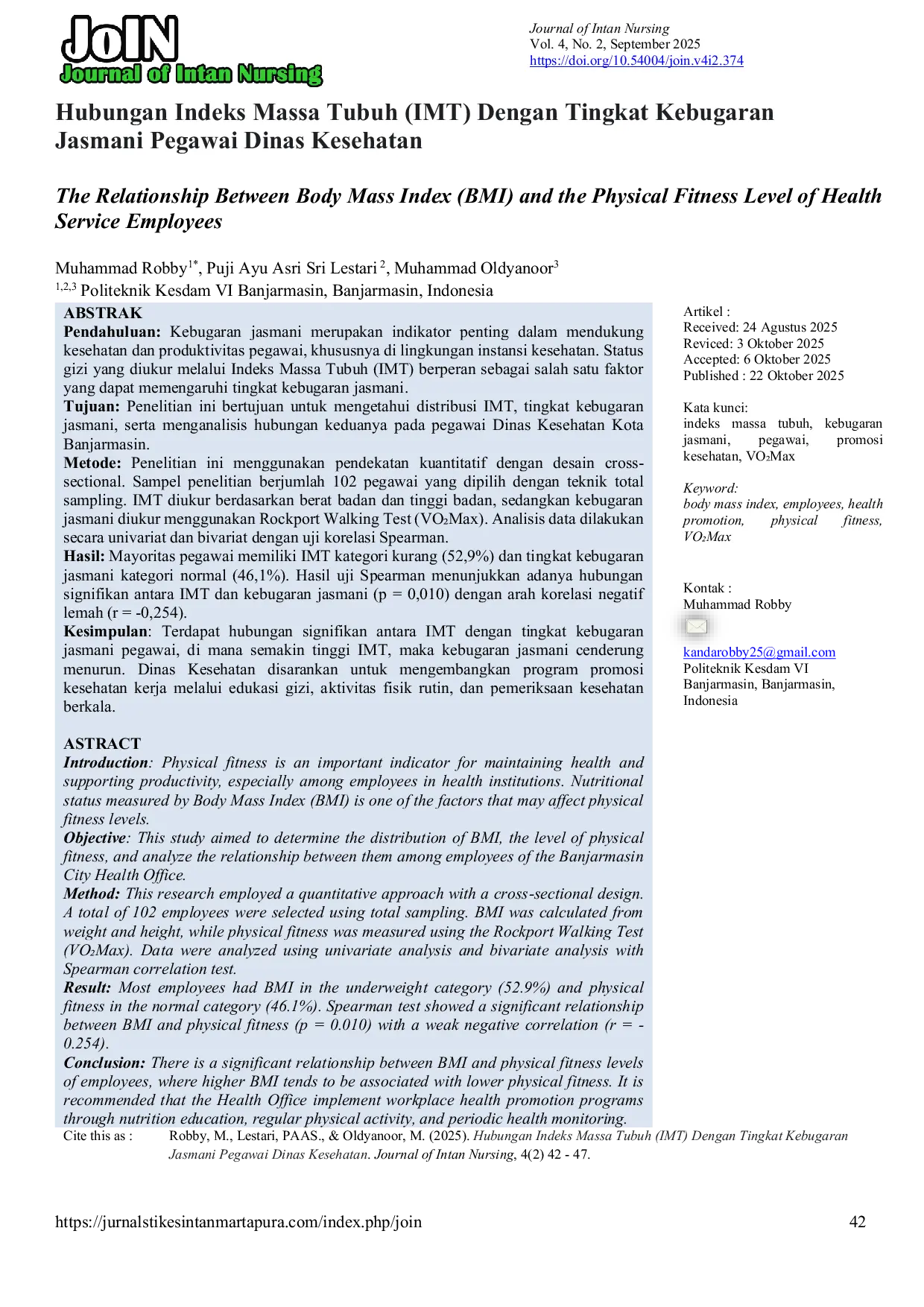 JURIS Hubungan Indeks Massa Tubuh IMT Dengan Tingkat Kebugaran Jasmani Pegawai Dinas Kesehatan