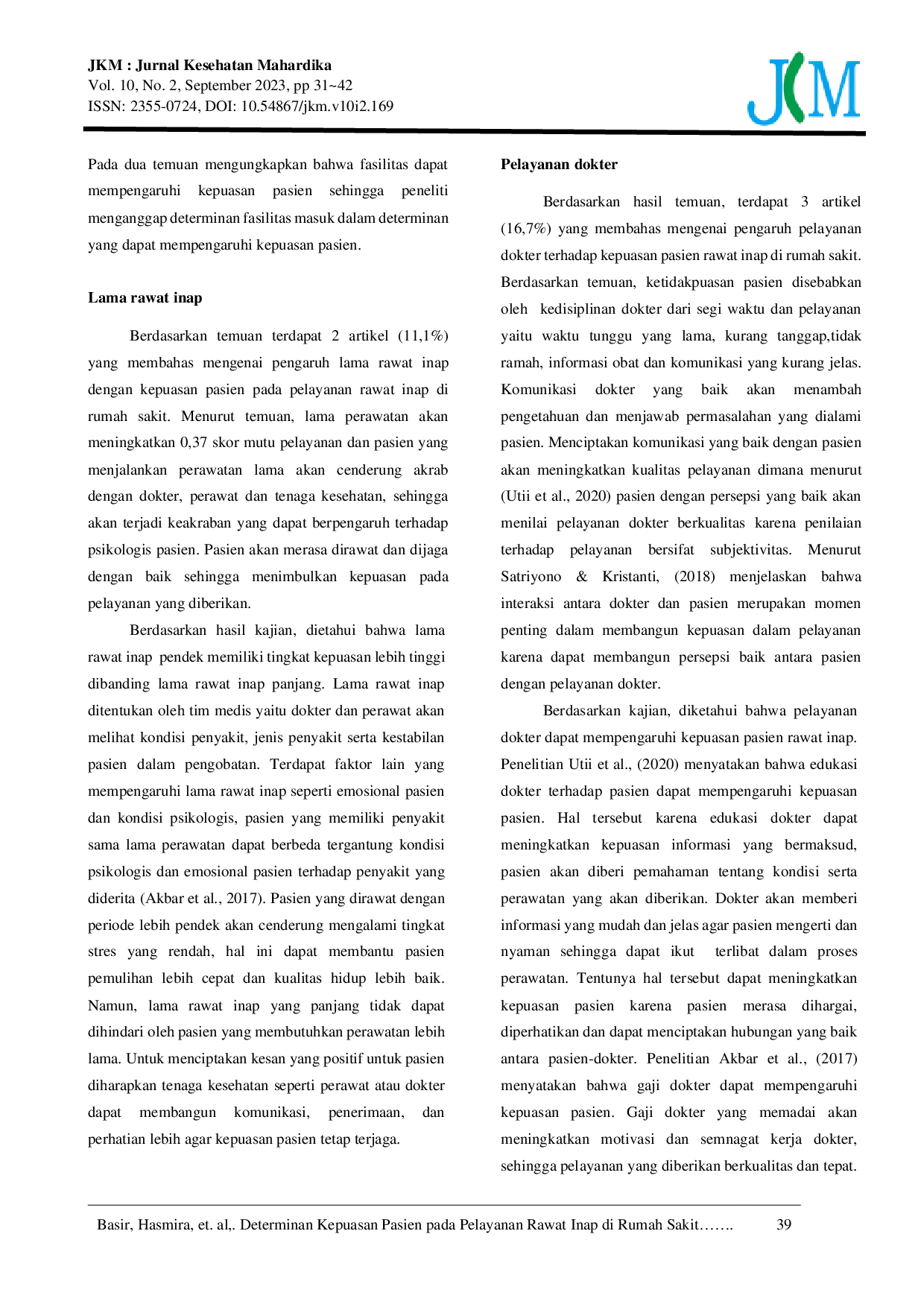 JURIS Determinan Kepuasan Pasien pada Pelayanan Rawat Inap di Rumah Sakit Systematic Literature Review