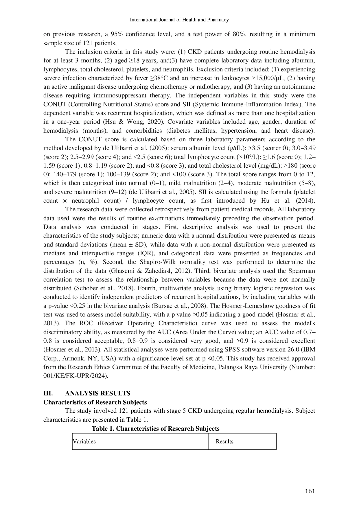 JURIS Combination of Controlling Nutritional Status Score and Systemic Immune Inflammation Index as Predictors of Repeated Hospitalization in Chronic Kidney Failure Patients Undergoing Routine Hemodialysi